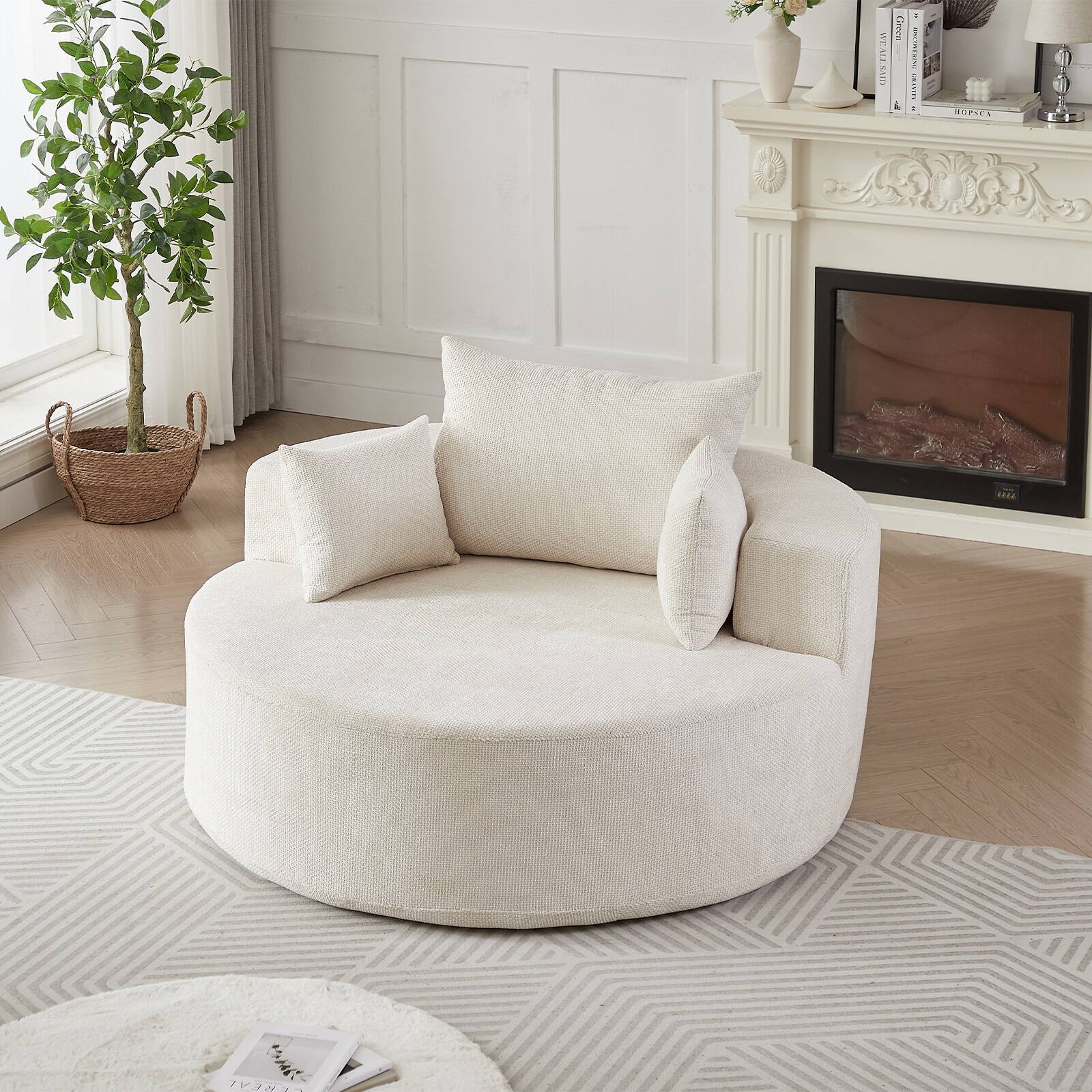 Trinkets Crazed - Oversized Round Chaise Longue Chair Indoor, Deep Seat Circle Single Cloud Lounge Floor Chair - Beige