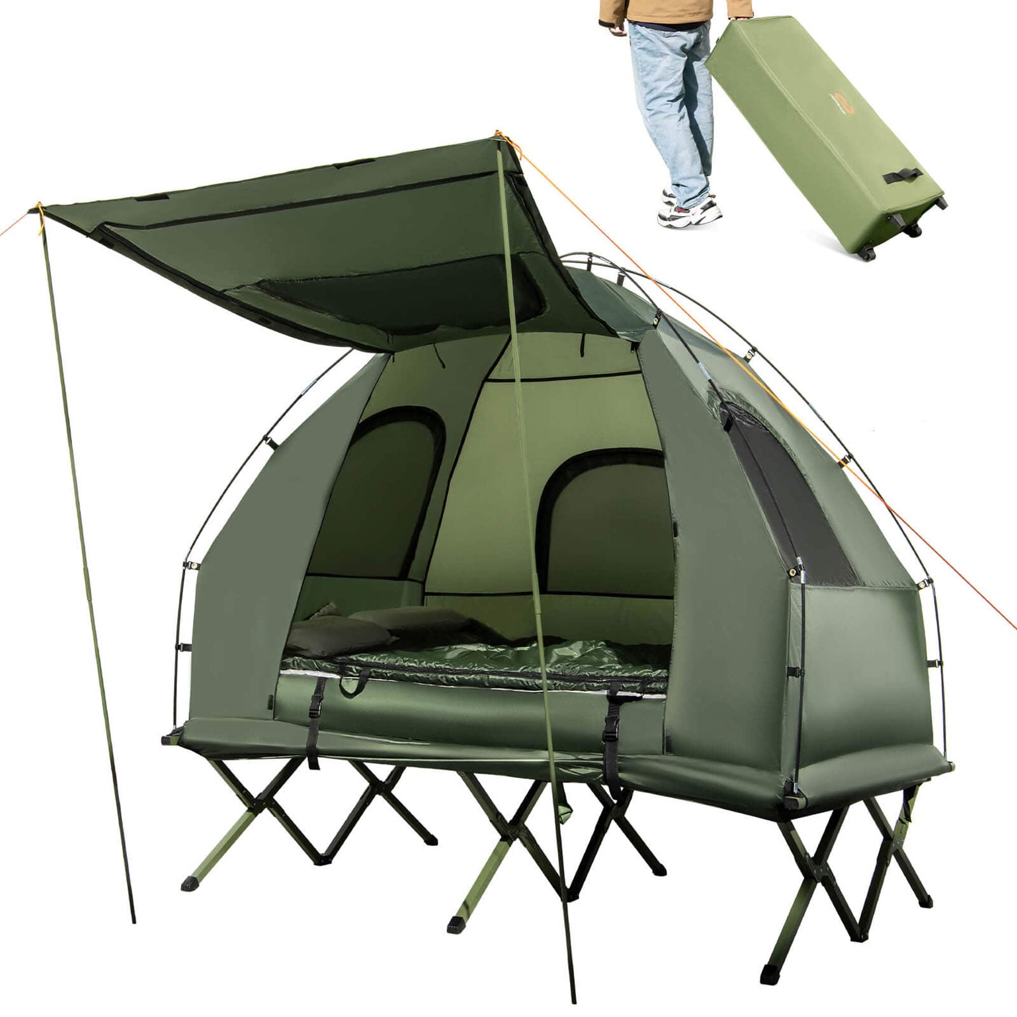 Front. Costway - 2-Person Compact Portable Pop-Up Tent Camping Cot with Air Mattress & Sleeping Bag - Green & Blue.