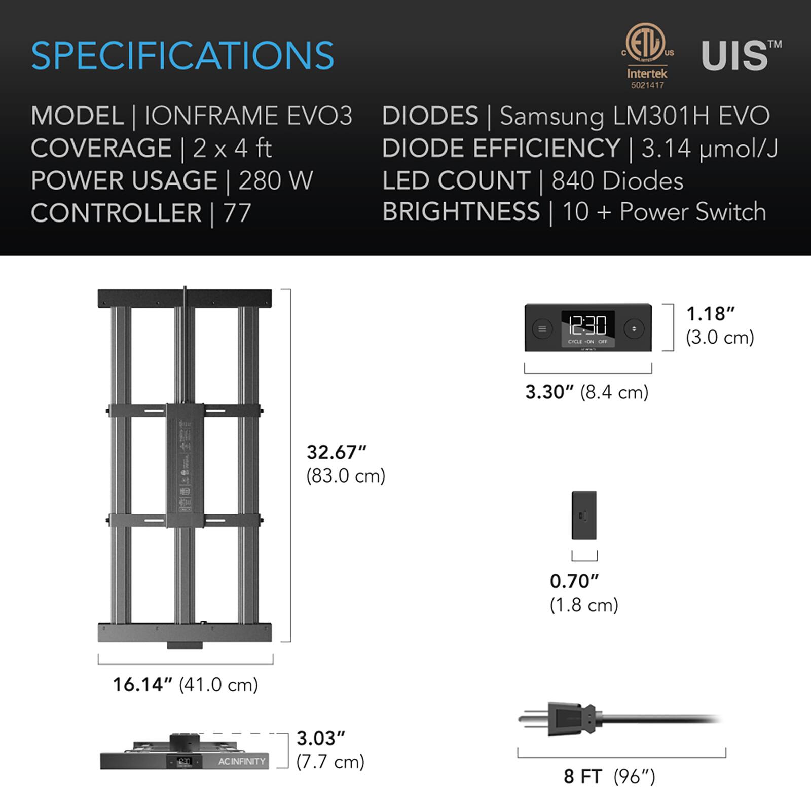 SPECIFICATIONS  
MODEL | IONFRAME EVO3  
COVERAGE | 2 x 4 ft  
POWER USAGE | 280 W  
CONTROLLER | 77  
DIODES | Samsung LM301H EVO  
DIODE EFFICIENCY | 3.14 µmol/J  
LED COUNT | 840 Diodes  
BRIGHTNESS | 10 + Power Switch  

1.18" (3.0 cm)  
3.30" (8.4 cm)  
32.67" (83.0 cm)  
0.70" (1.8 cm)  
16.14" (41.0 cm)  
3.03" (7.7 cm)  
8 FT (96")