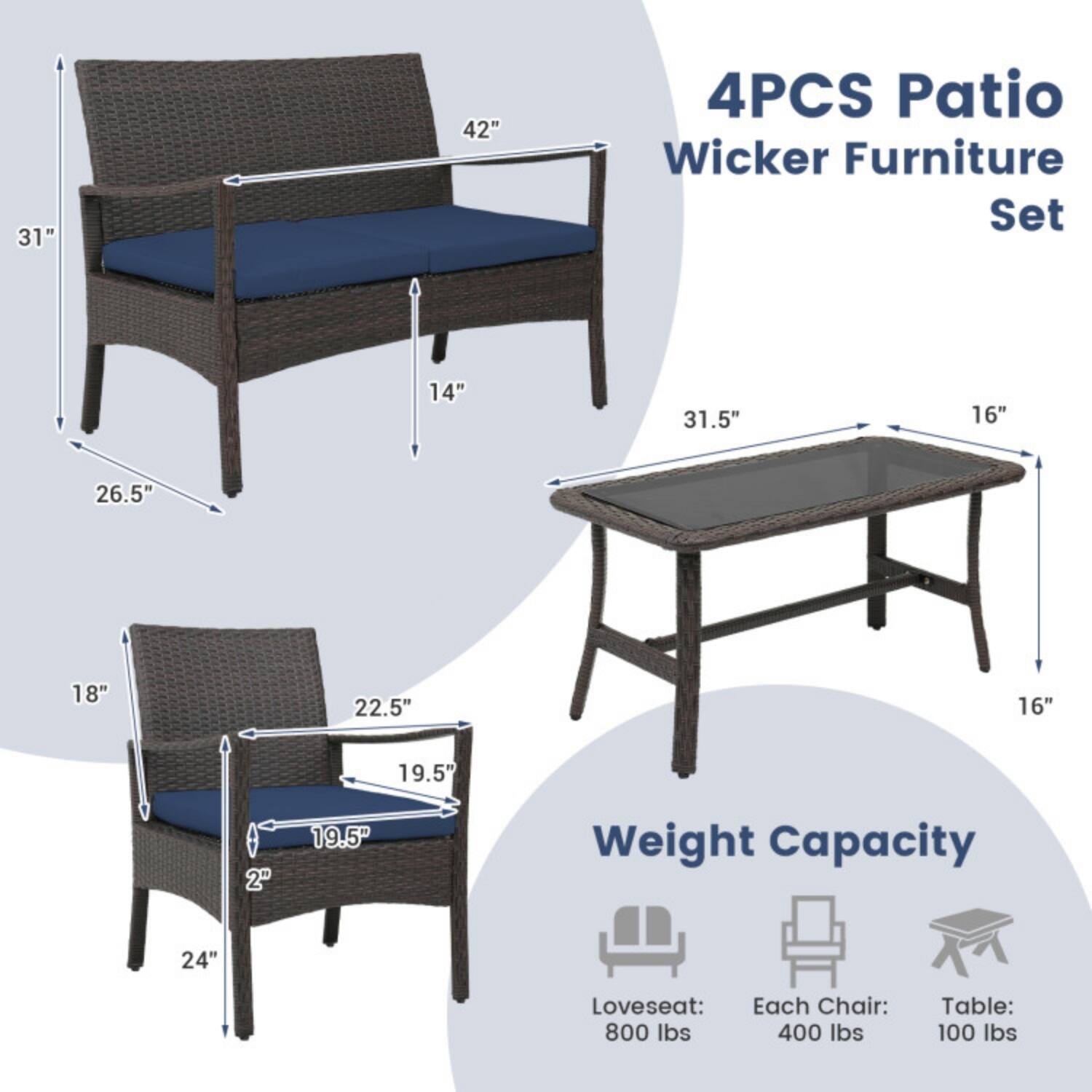 4PCS Patio Wicker Furniture Set

- Loveseat: 31" W x 42" D x 26.5" H
- Table: 31.5" W x 16" D x 14" H
- Each Chair: 18" W x 22.5" D x 24" H

Weight Capacity:
- Loveseat: 800 lbs
- Each Chair: 400 lbs
- Table: 100 lbs