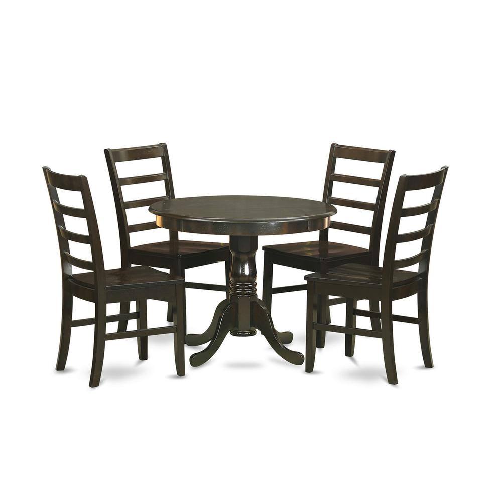 Back. East West Furniture - 5 Pc small Kitchen Table set- Table plus 4 Kitchen Dining Chairs - Cappuccino.