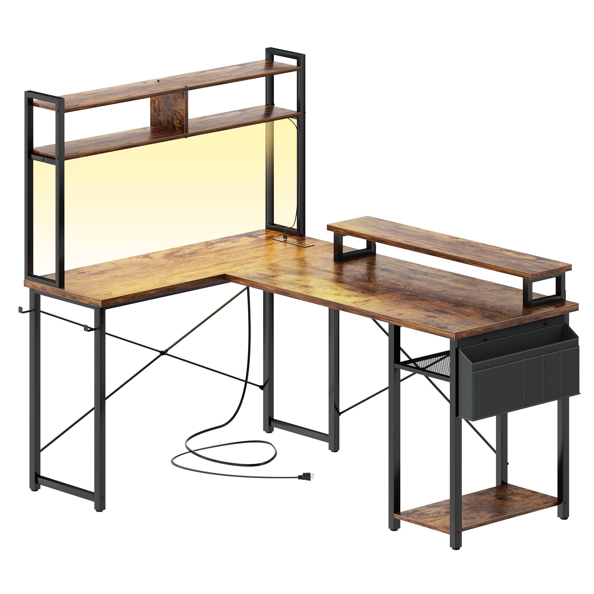 Angle. Aheaplus - Small Reversible L-Shaped Gaming Desk: LED Lights, Power Outlets, Monitor Stand & Storage for Home Office Corner - Rustic Brown.