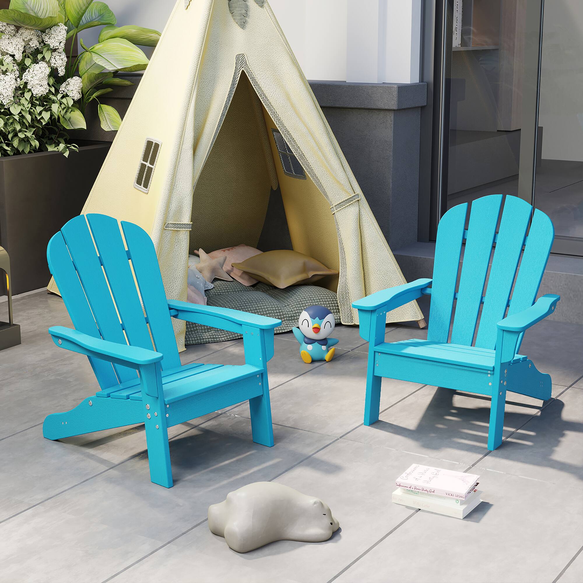 Alt View 1. Gymax - Gymax 4PCS Kid's Adirondack Chair All-Weather HDPE Toddler Lawn Chair w/ Ergonomic Design Turquoise - Turquoise.