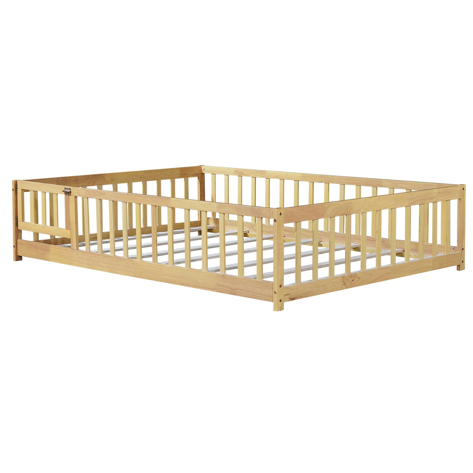 Alt View 9. GOODSILO - Full Size Low Profile Children's Floor Bed with Safety Guardrails and Entry Door, Solid Wood Construction - Natural.