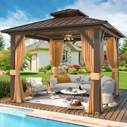 Front. U-HOMY - Outdoor Hardtop Gazebo with Galvanized Steel Double Roof, Aluminum Frame, Curtains and Netting - 10'x10'.