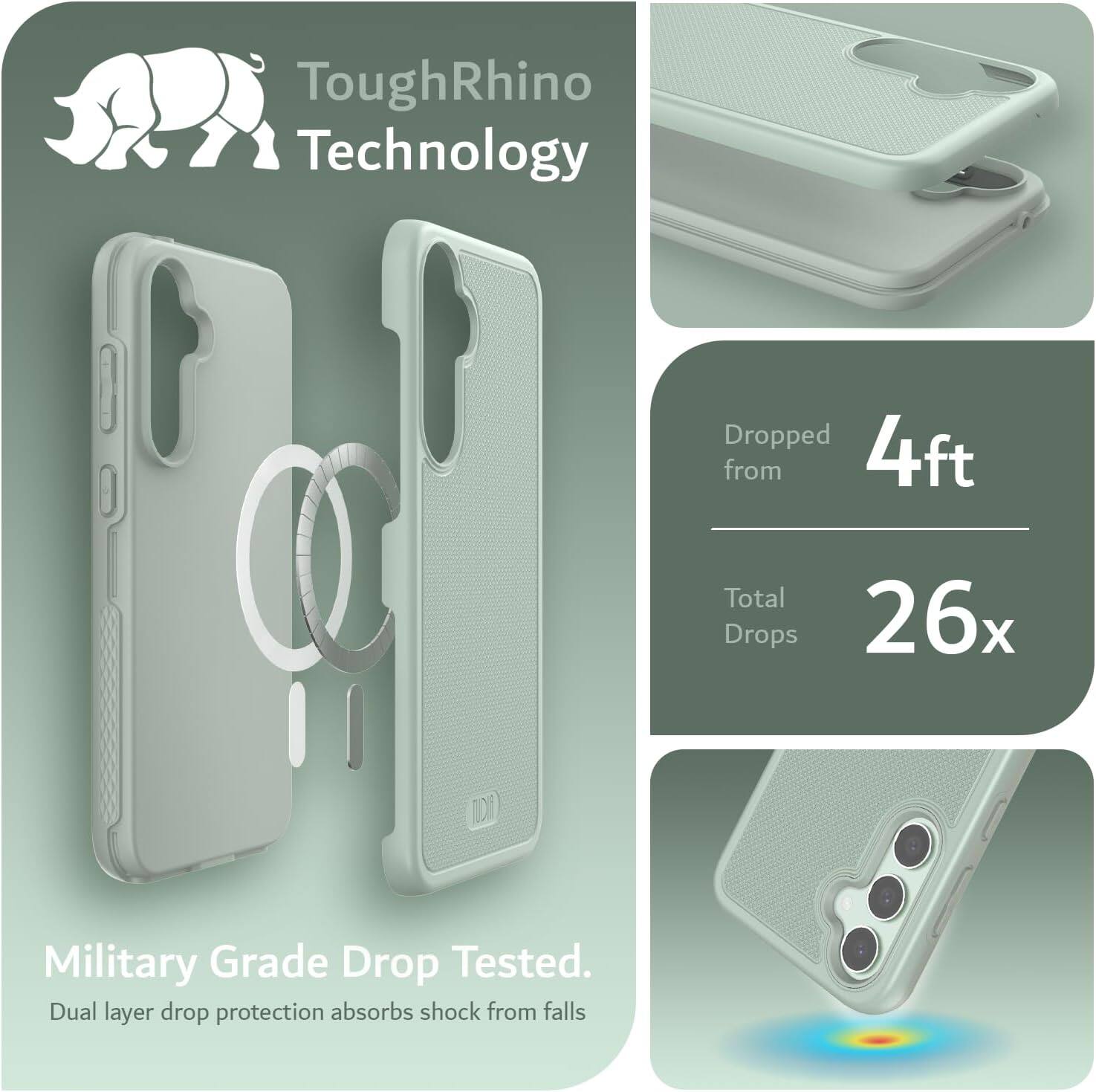 ToughRhino Technology

Dropped from 4ft  
Total Drops 26x

Military Grade Drop Tested.  
Dual layer drop protection absorbs shock from falls