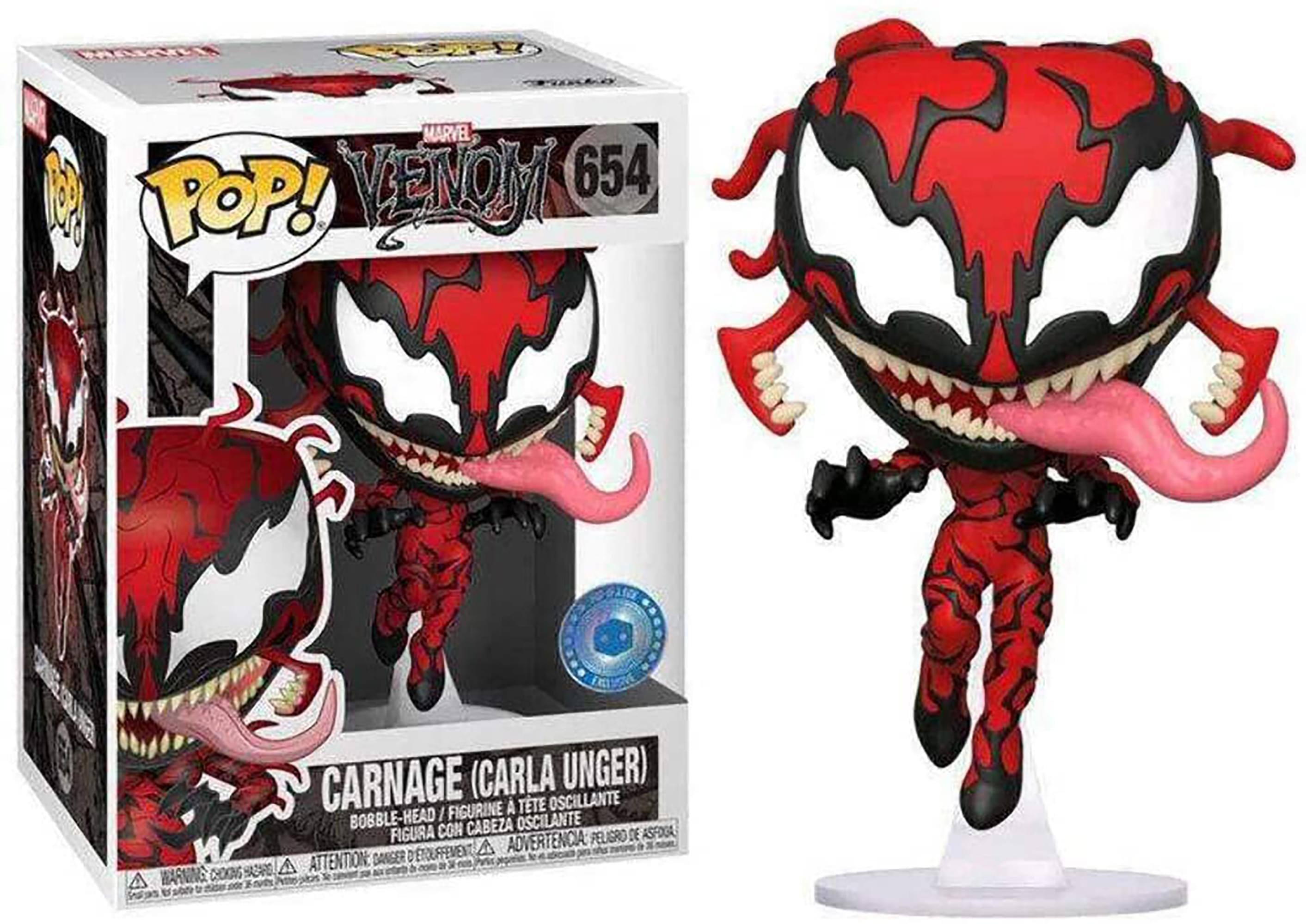 Sure, here is the corrected and grouped text:

---

**MARVEL POP! VENOM 654**

**CARNAGE (CARLA UNGER)**

**BOBBLE-HEAD FIGURINE A TÊTE OSCILLANTE**

**FIGURA CON CABEZA OSCILANTE**

**FIGURA CON CABEZA OSCILANTE**

**WARNING: CHOKING HAZARD - SMALL PARTS. NOT FOR CHILDREN UNDER 3 YEARS.**

**ATTENTION: PELIGRO DE ASFIXIA - PIEZAS PEQUEÑAS. NO APTO PARA NIÑOS MENORES DE 3 AÑOS.**

**ADVERTENCIA: PELIGRO DE ASFIXIA - PIEZAS PEQUEÑAS. NO APTO PARA NIÑOS MENORES DE 3 AÑOS.**

---