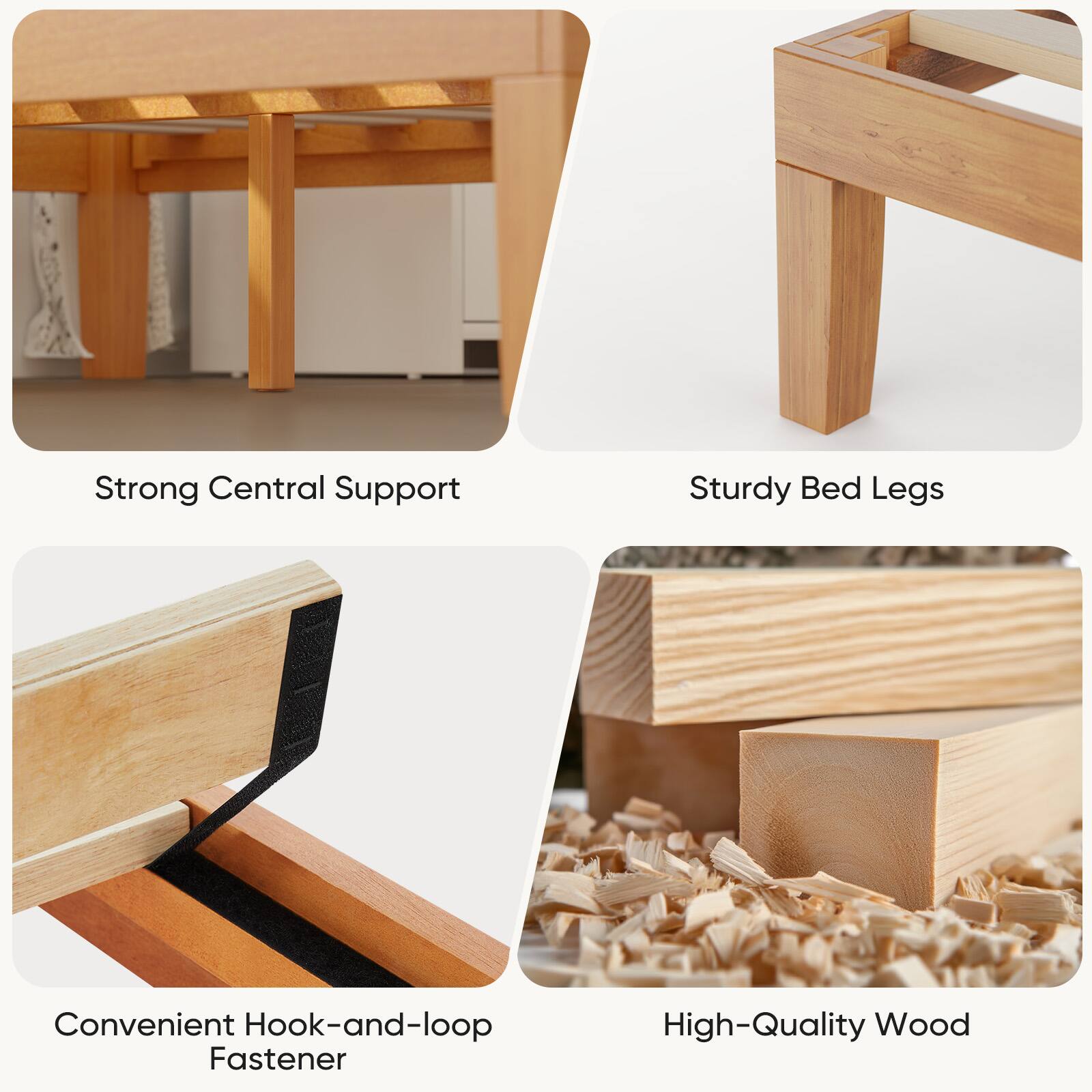 - Strong Central Support
- Sturdy Bed Legs
- Convenient Hook-and-loop Fastener
- High-Quality Wood
