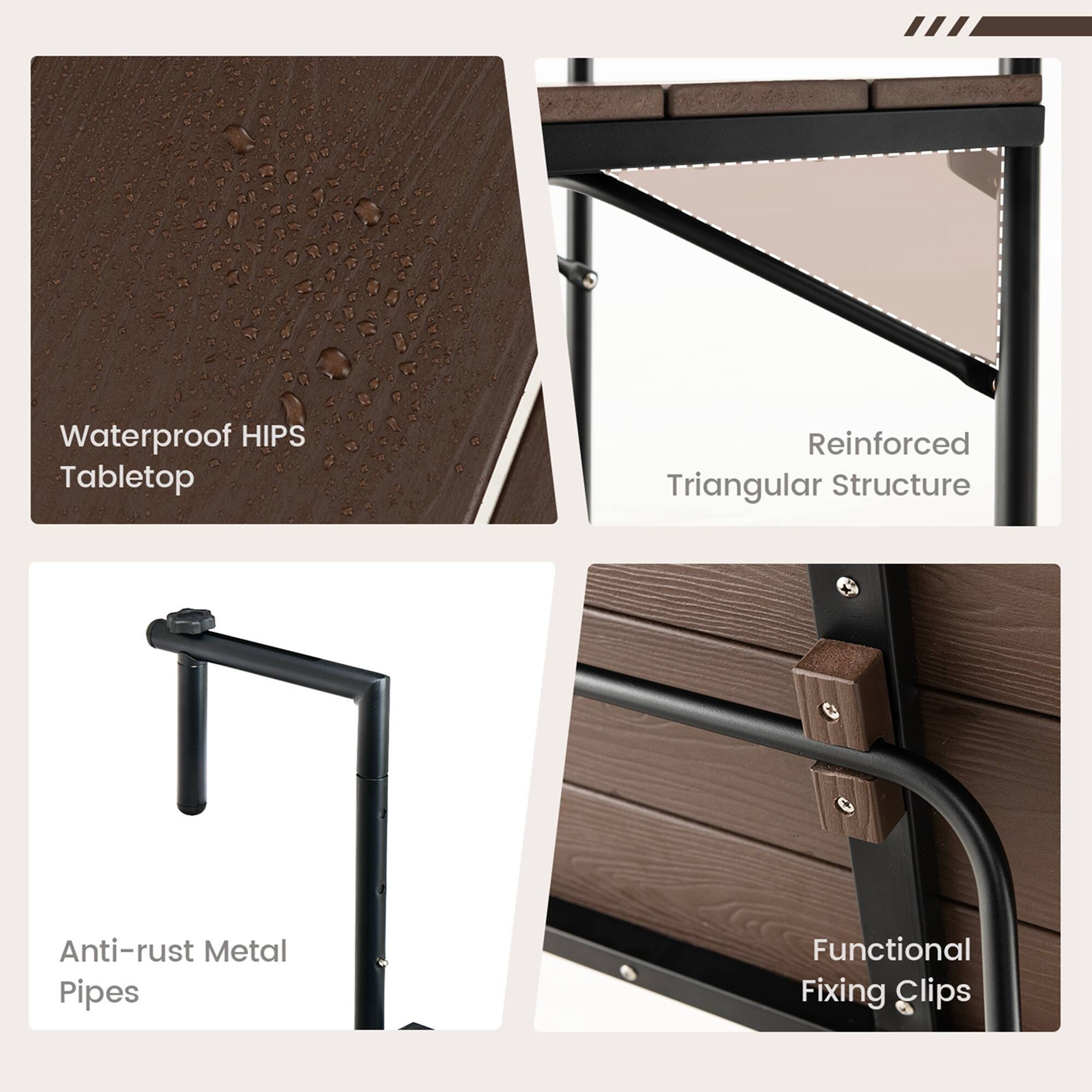Waterproof HIPS Tabletop  
Reinforced Triangular Structure  
Anti-rust Metal Pipes  
Functional Fixing Clips