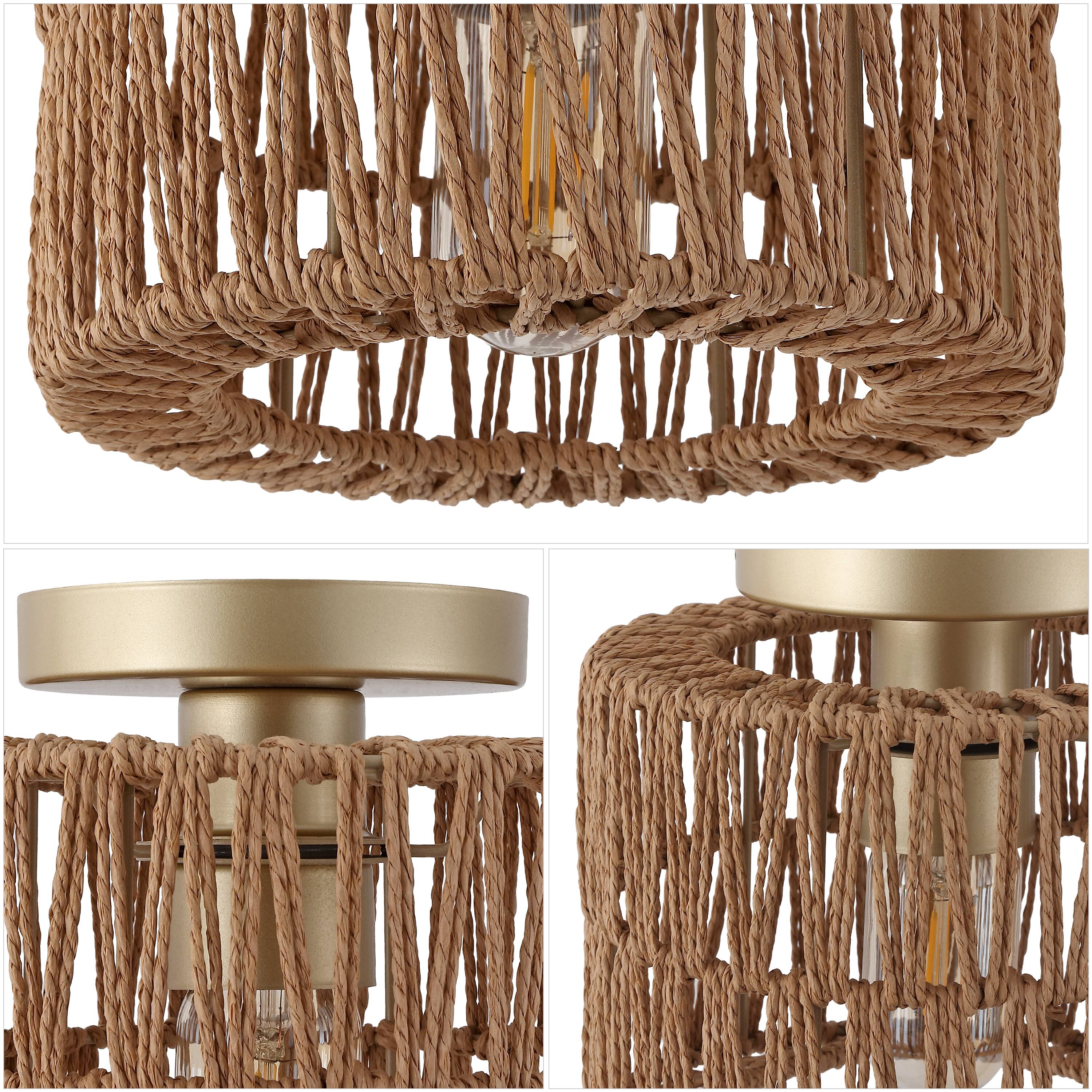 Alt View 4. Jonathan Y - Omar Set of 2 Modern 8" Gold Painting Metal Flush Mount with Brown Paper Cylinder Crossed Weave Shade, for Bedroom - Brown.