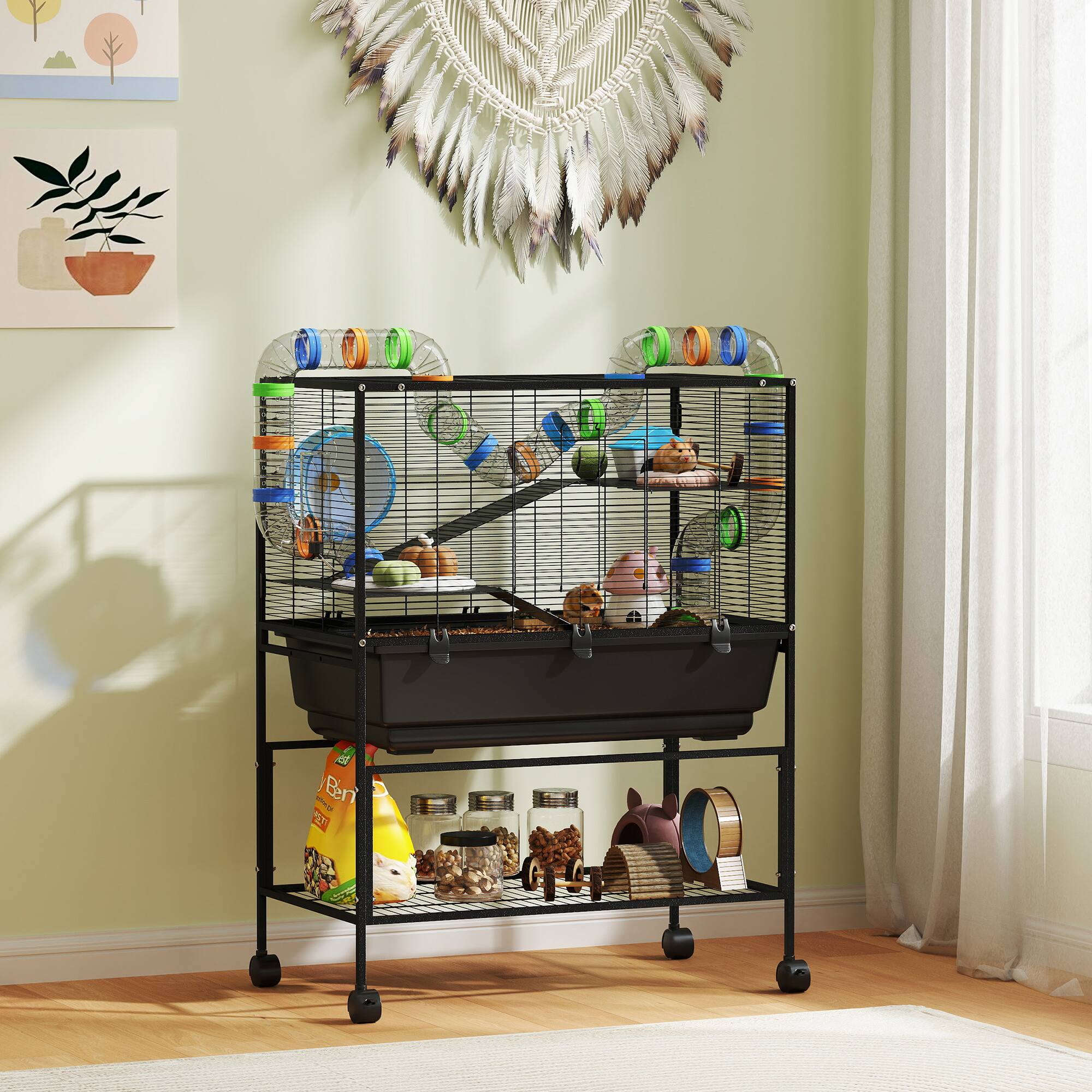Alt View 1. Pawhut - Tier Hamster Cage, Rolling Rat Cage with Deep Tray, Storage Shelf, Big Exercise Wheel, Hut.