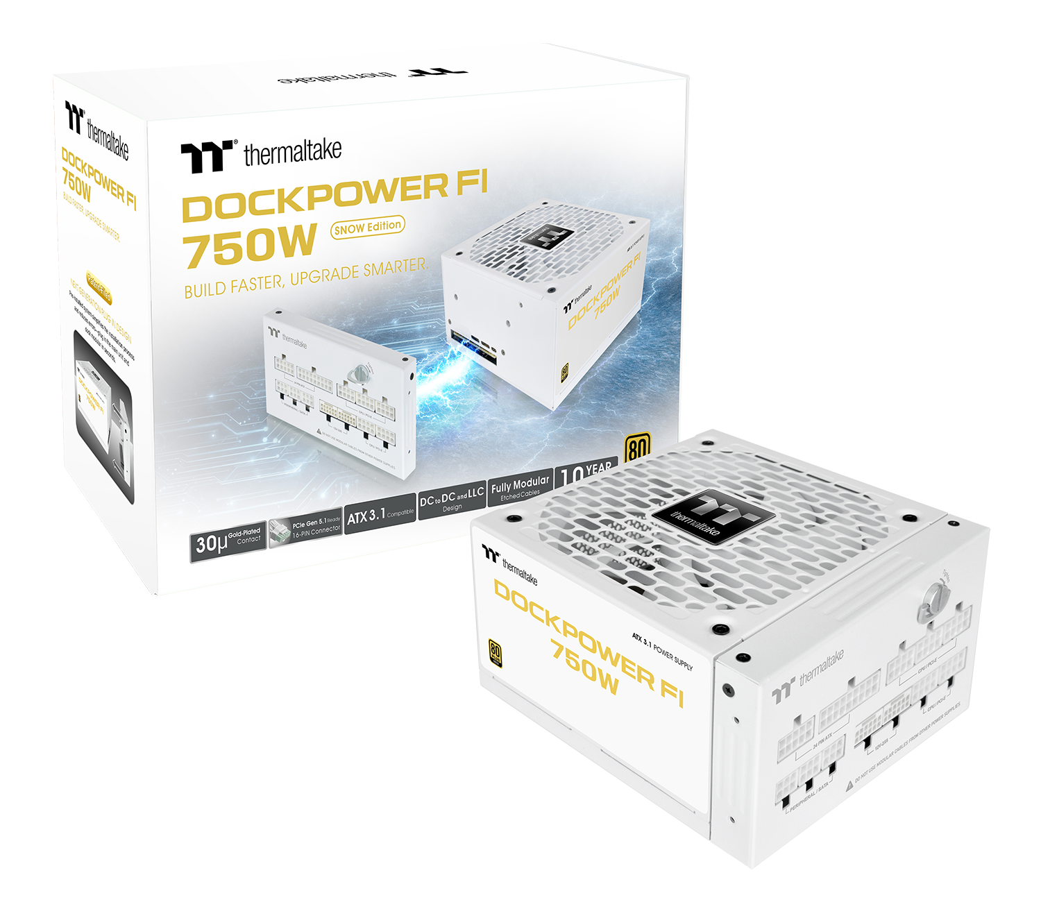 CHIPPIMAS I'll thermaltake 750W DOCKPOWER FI UPGRADE FI DOCKPOWER SNOW Edition SMARTER, 750W SMARTER. FASTER, UPGRADE BUILD FLEESIGN m thermataka DOCKPOWERFI Surroper 750W ond-Plated Contact 30p 80 YEAR Fully Modular DC and C and ENGRED Copies DC compontre Design Ready ATX 3.1 Chen 5 thermake FCN Connector KHOK -Pin BY thores CHIP CVEA KY thermaltake DOCKPOWER 80 750W NTX. 5,1 POWER SUPPLY FI thermaltake 77