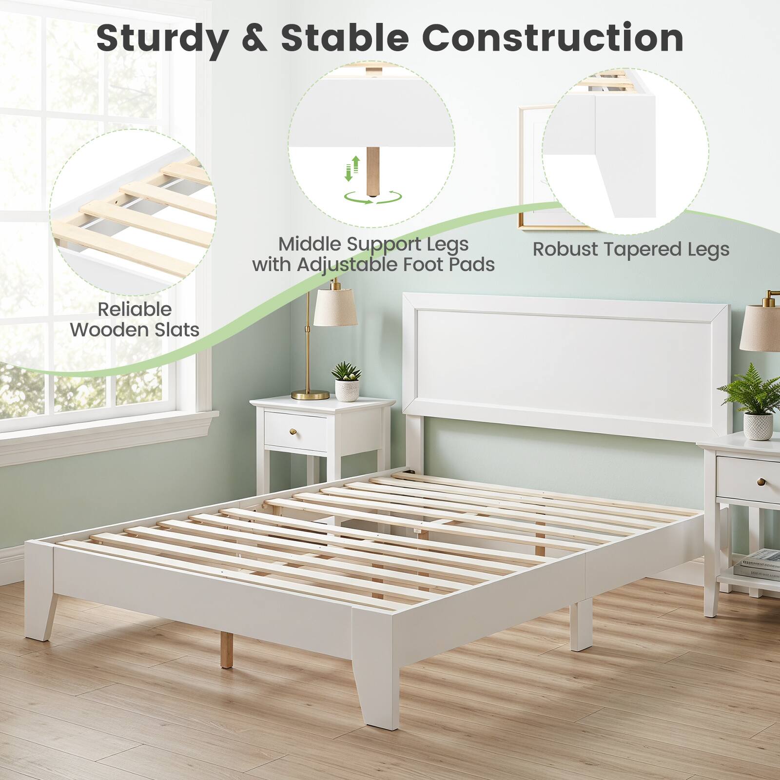 Sturdy & Stable Construction  
Middle Support Legs with Adjustable Foot Pads  
Robust Tapered Legs  
Reliable Wooden Slats