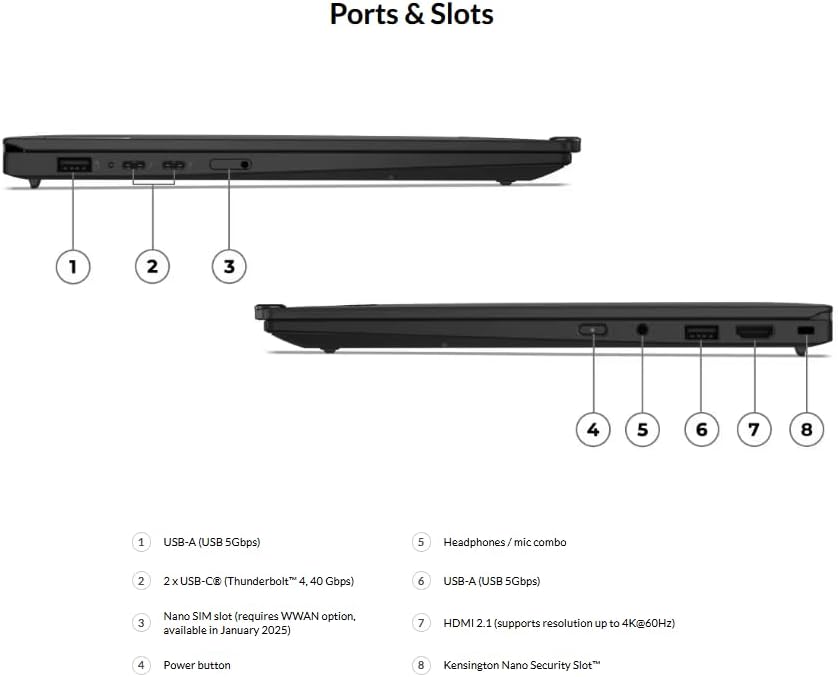 Ports & Slots

1. USB-A (USB 5Gbps)
2. 2x USB-C (Thunderbolt™ 4, 40 Gbps)
3. Nano SIM slot (requires WWAN option, available in January 2025)
4. Power button
5. Headphones / mic combo
6. USB-A (USB 5Gbps)
7. HDMI 2.1 (supports resolution up to 4K@60Hz)
8. Kensington Nano Security Slot