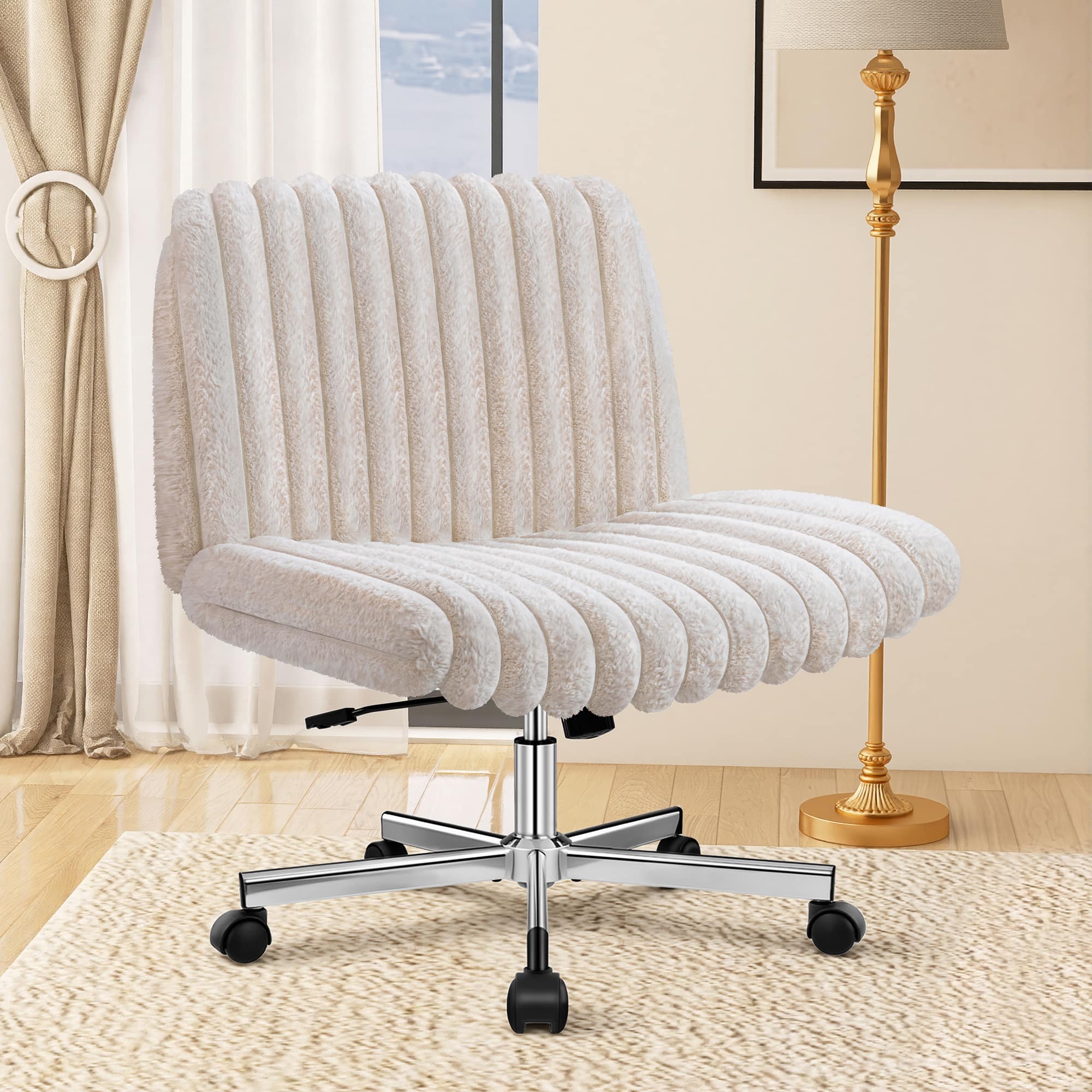 Brick Attic - Criss Cross Chair with Wheels, Armless Office Chair for Home Office, Ergonomic Wide Vanity Makeup Task Chair - Beige