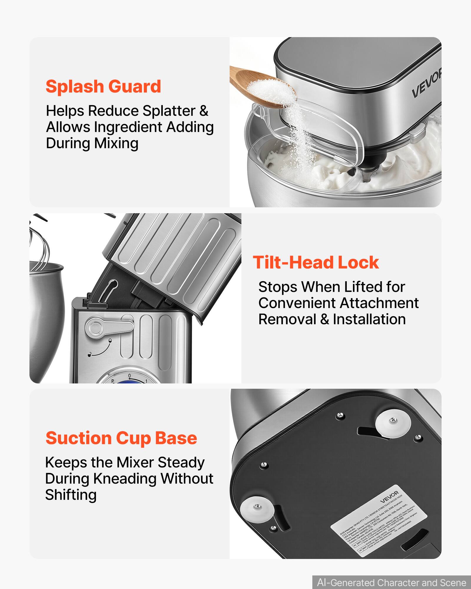 Splash Guard Helps Reduce Splatter & Allows Ingredient Adding During Mixing

Tilt-Head Lock Stops When Lifted for Convenient Attachment Removal & Installation

Suction Cup Base Keeps the Mixer Steady During Kneading Without Shifting

VEVOR

AI-Generated Character and Scene
