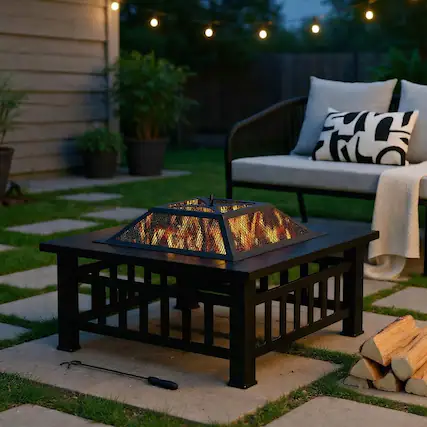 Front. Kadyn - Fire Pit Table Fire Bowl TableOutdoor Firepit Table32 Inch 3 in 1 Outdoor Square Fire Pit Table with BBQ Grill and Rain - Black.