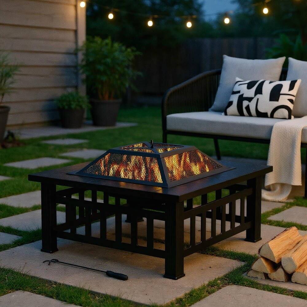 Front. Kadyn - Fire Pit Table Fire Bowl TableOutdoor Firepit Table32 Inch 3 in 1 Outdoor Square Fire Pit Table with BBQ Grill and Rain - Black.