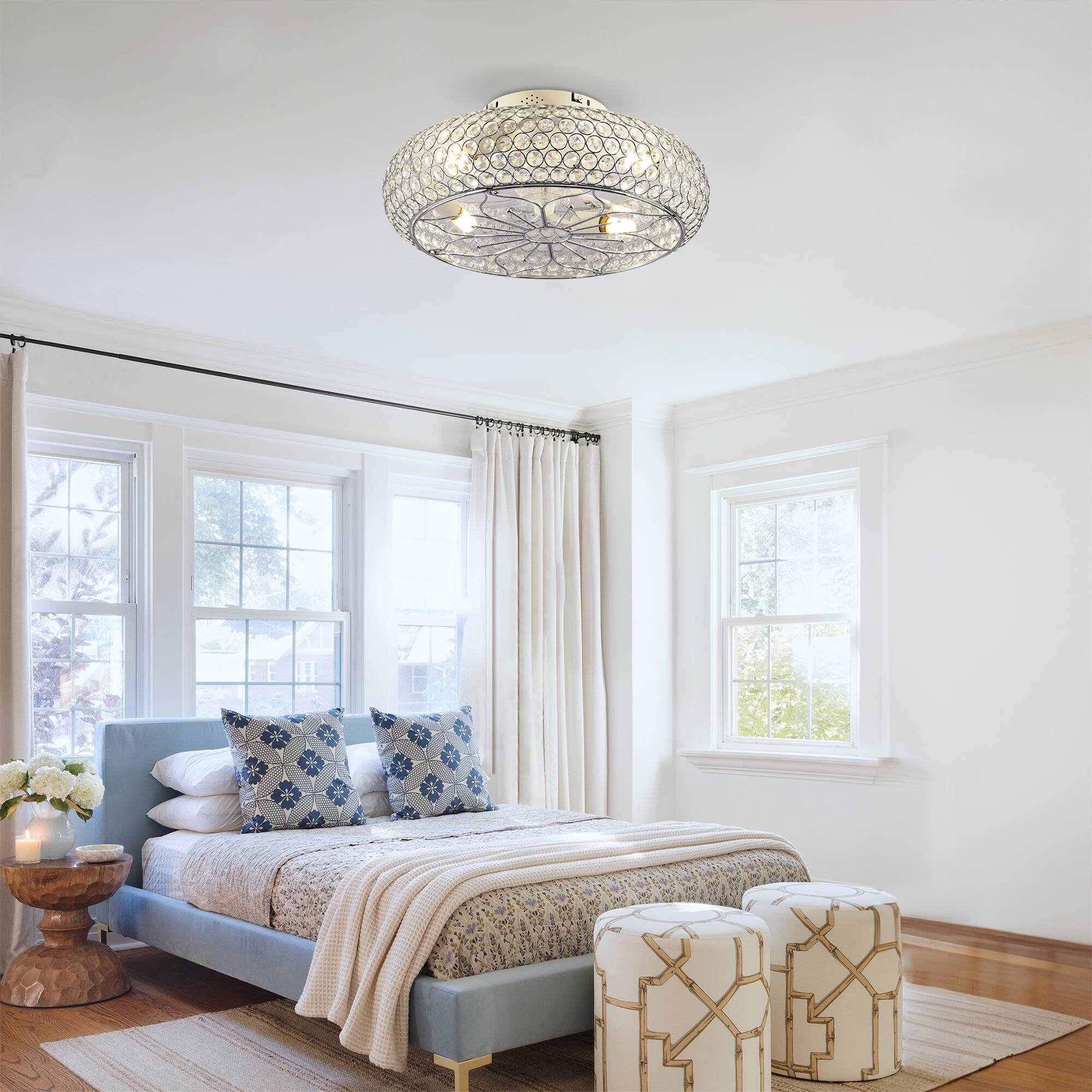 Alt View 6. Sofucor - Caged Crystal Ceiling Fans with Lights and Remote,20" Flush Mount Low Profile Enclosed Ceiling Fan for Bedroom Kitchen - Chrome.