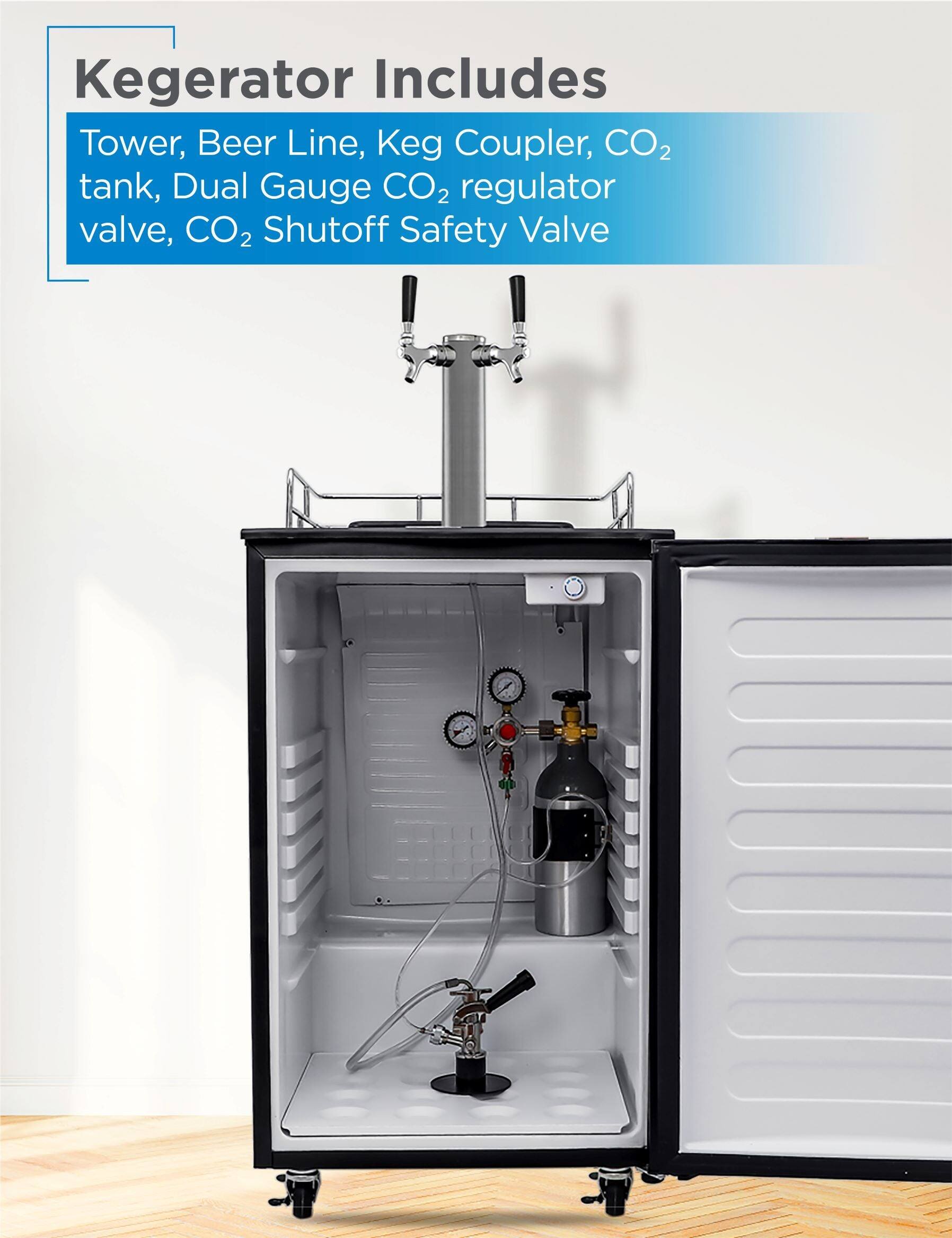 Kegerator Includes Tower, Beer Line, Keg Coupler, CO2 tank, Dual Gauge CO2 regulator valve, CO2 Shutoff Safety Valve