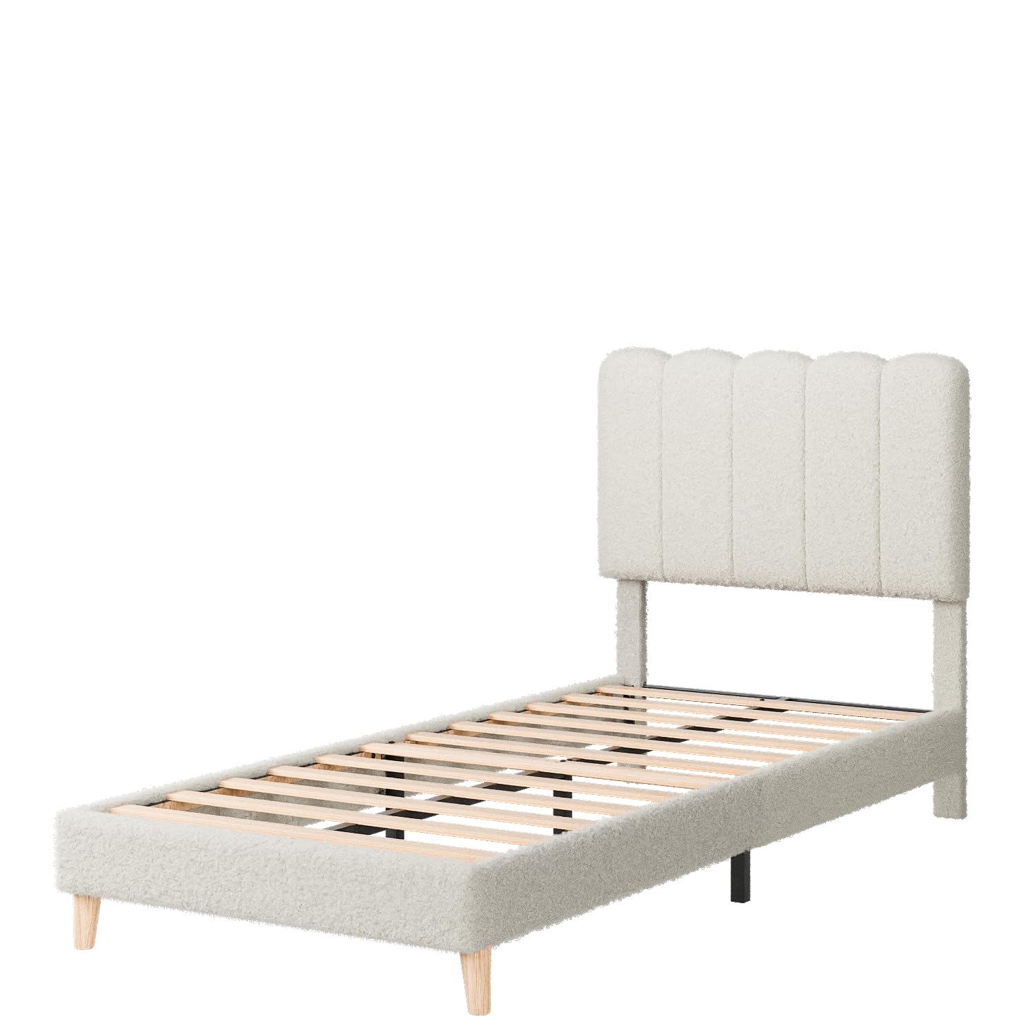 Back. Homhougo - Twin Bed Frame, Boucle Upholstered Platform Bed with Wave Headboard for Girls/Kids, Easy Assembly, Wooden Slats Support - White.