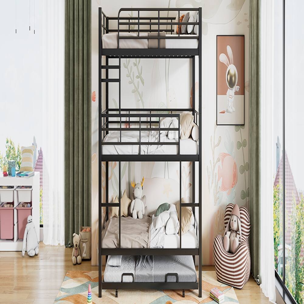 Alt View 6. Loheer - Loheer Metal Twin Size Triple Bunk Bed with Trundle Black Heavy Duty Steel 3 Tier Bunk Bed Space-Saving Design - Black.