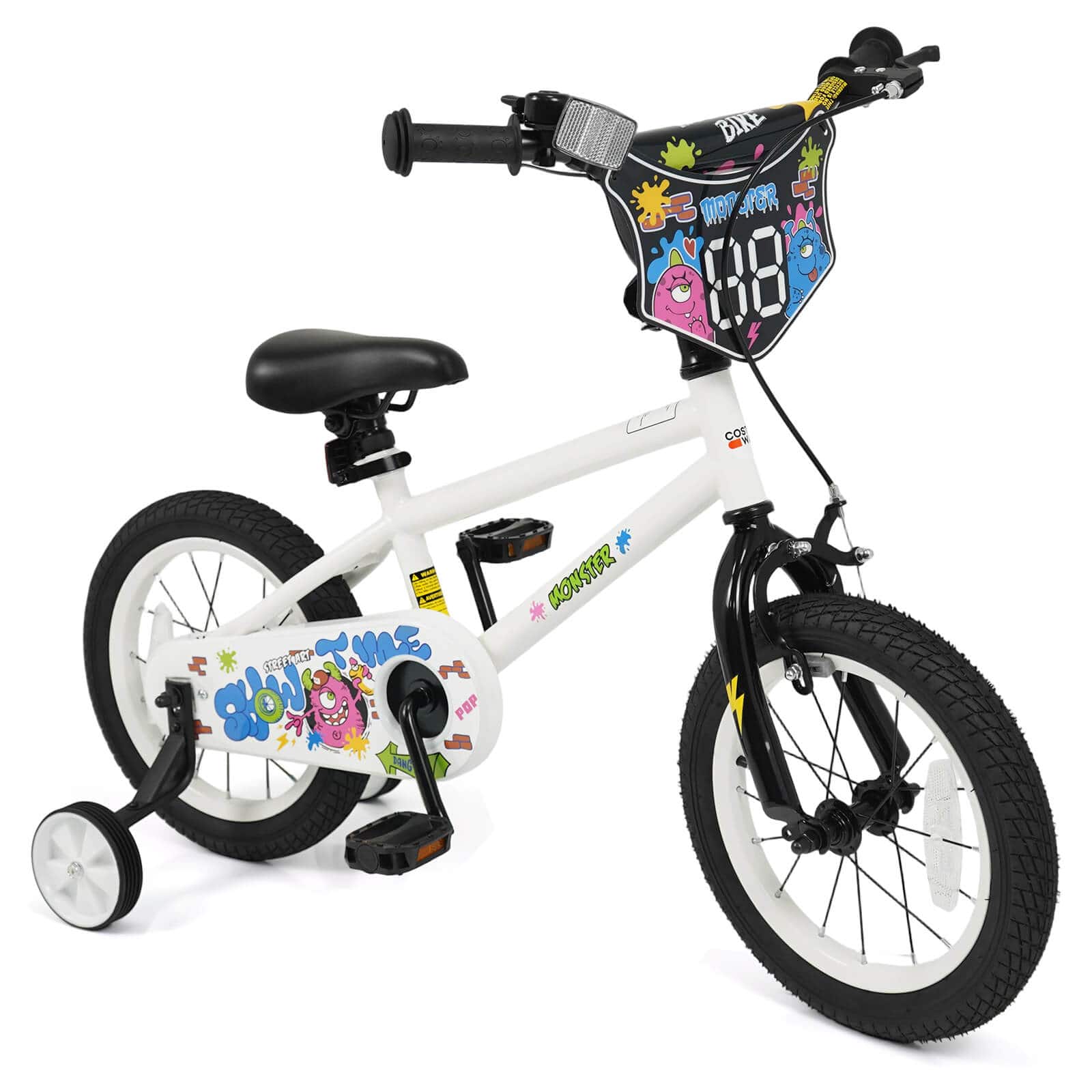 Costway - 14 Inch Kids Bike with Training Wheels, Dual Hand & Coaster Brakes, Adjustable Seat - White