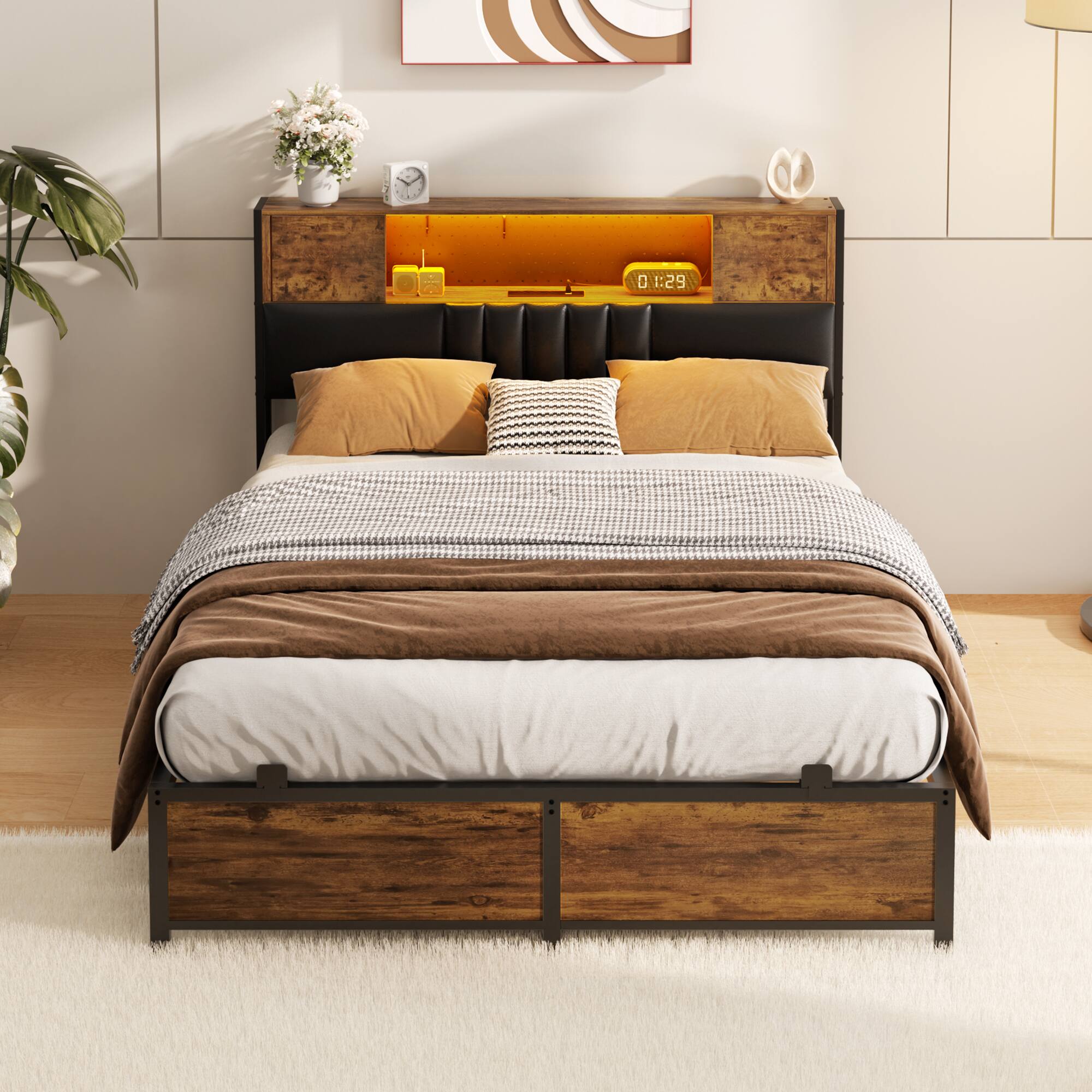 Angle. Aheaplus - Modern Bed Frame: Power Outlet & LED Lights, Headboard Storage, Quiet Support - Rustic Brown.