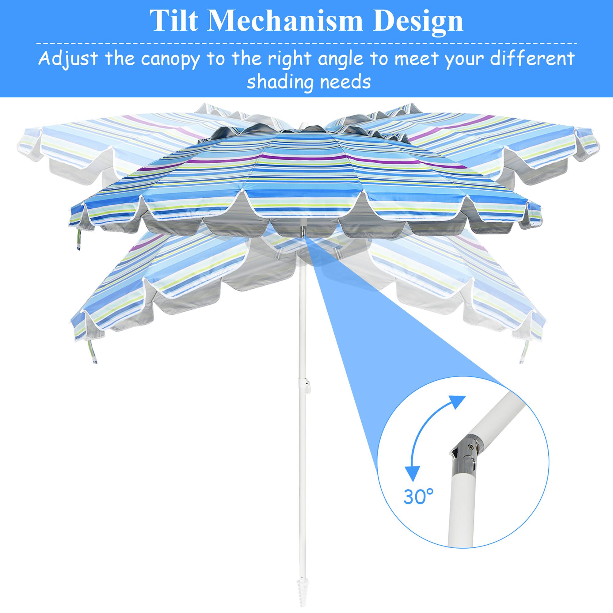 Tilt Mechanism Design  
Adjust the canopy to the right angle to meet your different shading needs  

30°