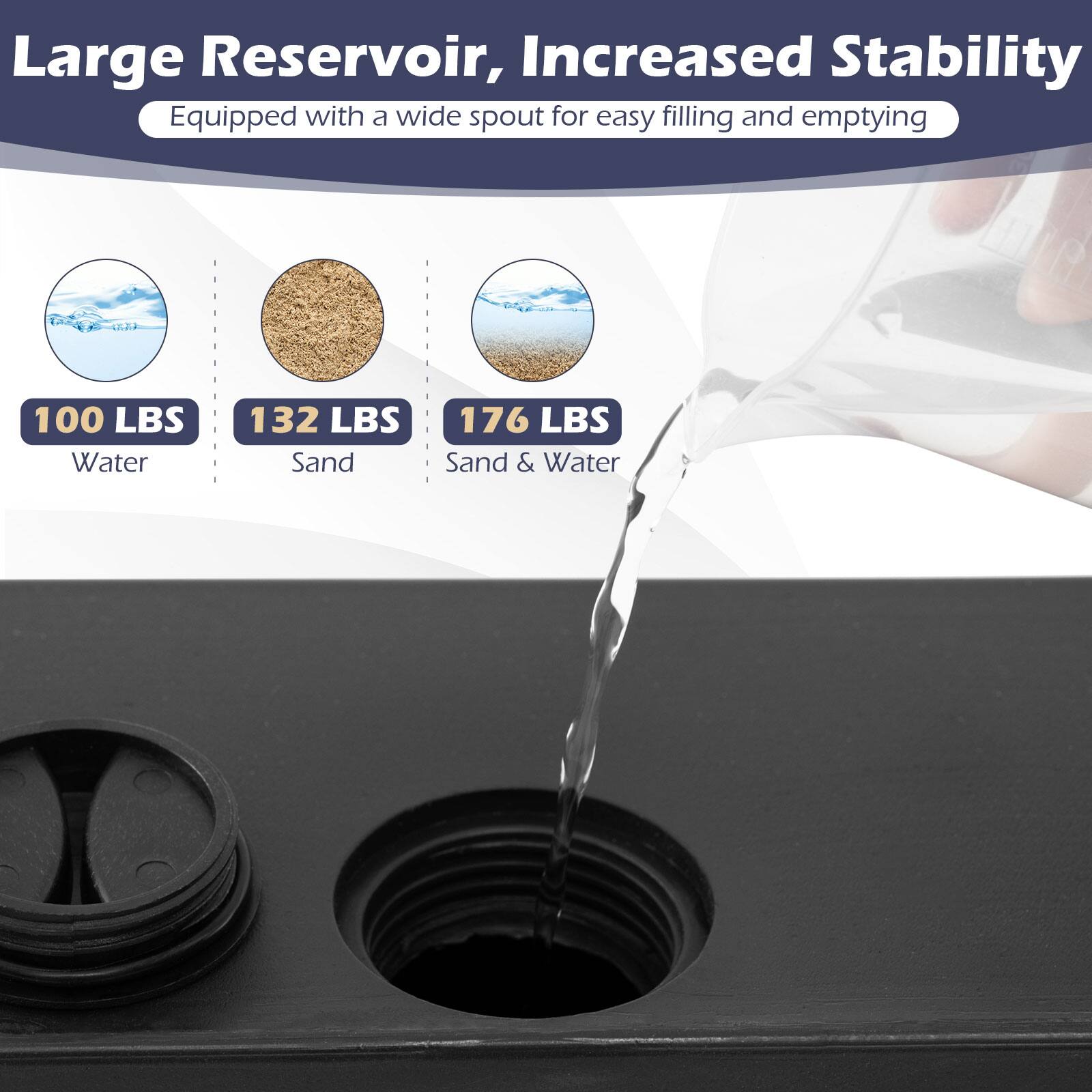 Large Reservoir, Increased Stability  
Equipped with a wide spout for easy filling and emptying  

100 LBS Water  
132 LBS Sand  
176 LBS Sand & Water
