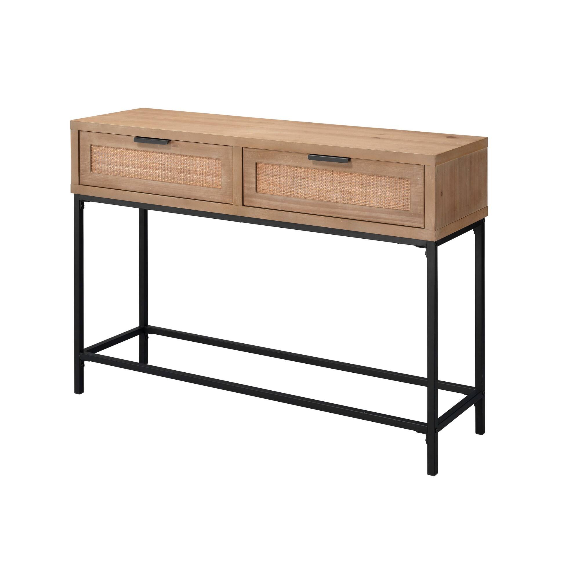 Front. Manhattan Lane - Console Table with Woven Rattan Front Drawers - Brown.