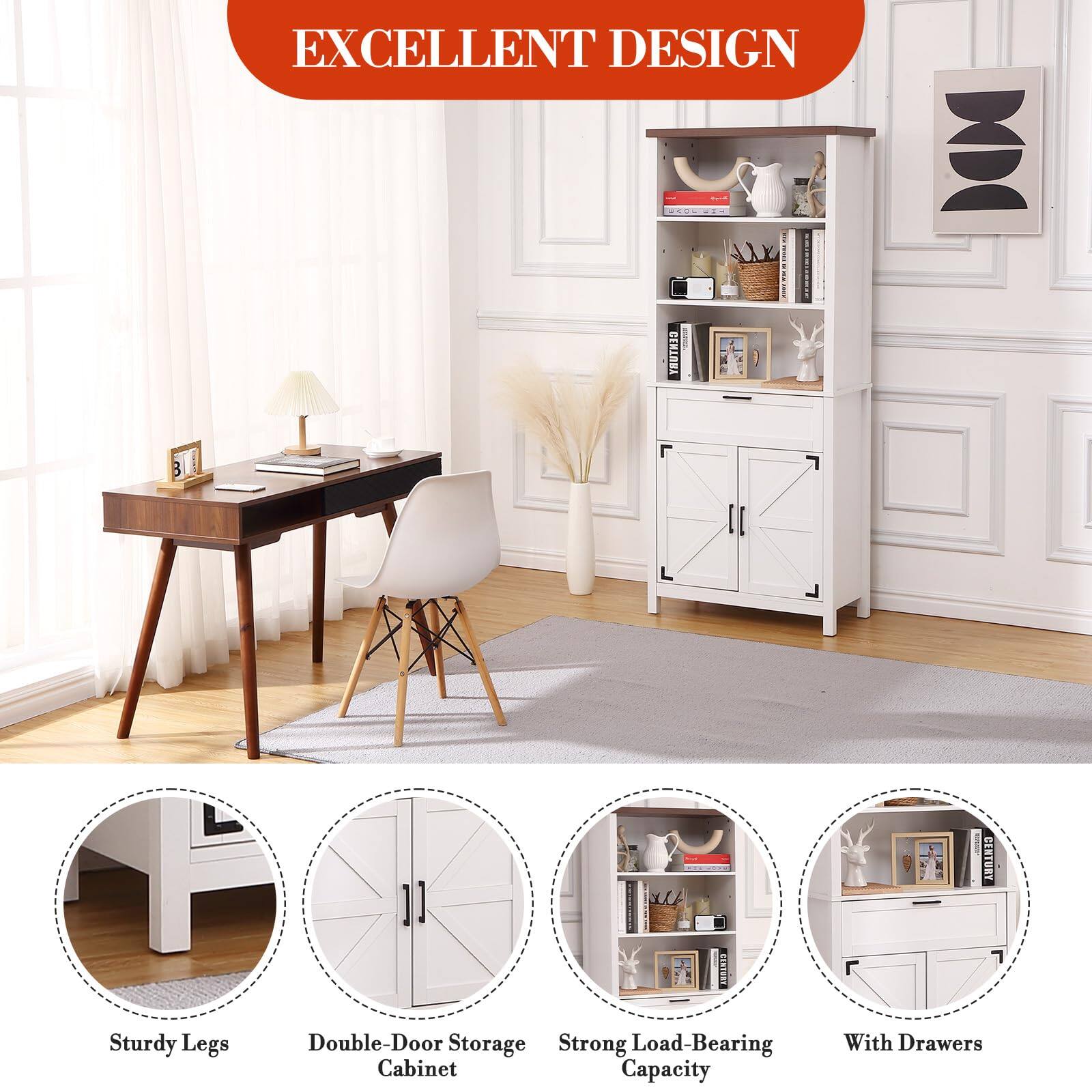 EXCELLENT DESIGN

- Sturdy Legs
- Double-Door Storage Cabinet
- Strong Load-Bearing Capacity
- With Drawers
