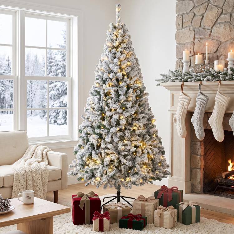 Alt View 2. PULUZ - 6ft Flocked Prelit Christmas Tree, Fraser Fir, Hinged Xmas Tree - White and Green.
