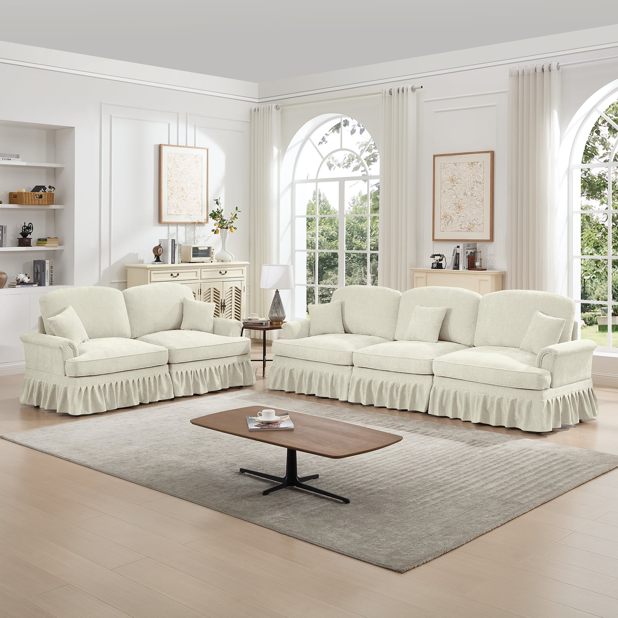 Anysun - Classic 2-Piece Chenille Sofa Set (3+2 Seat Sofa) - Flared Arms, Ruffled Skirt & Spindle Legs for Living Room - Beige