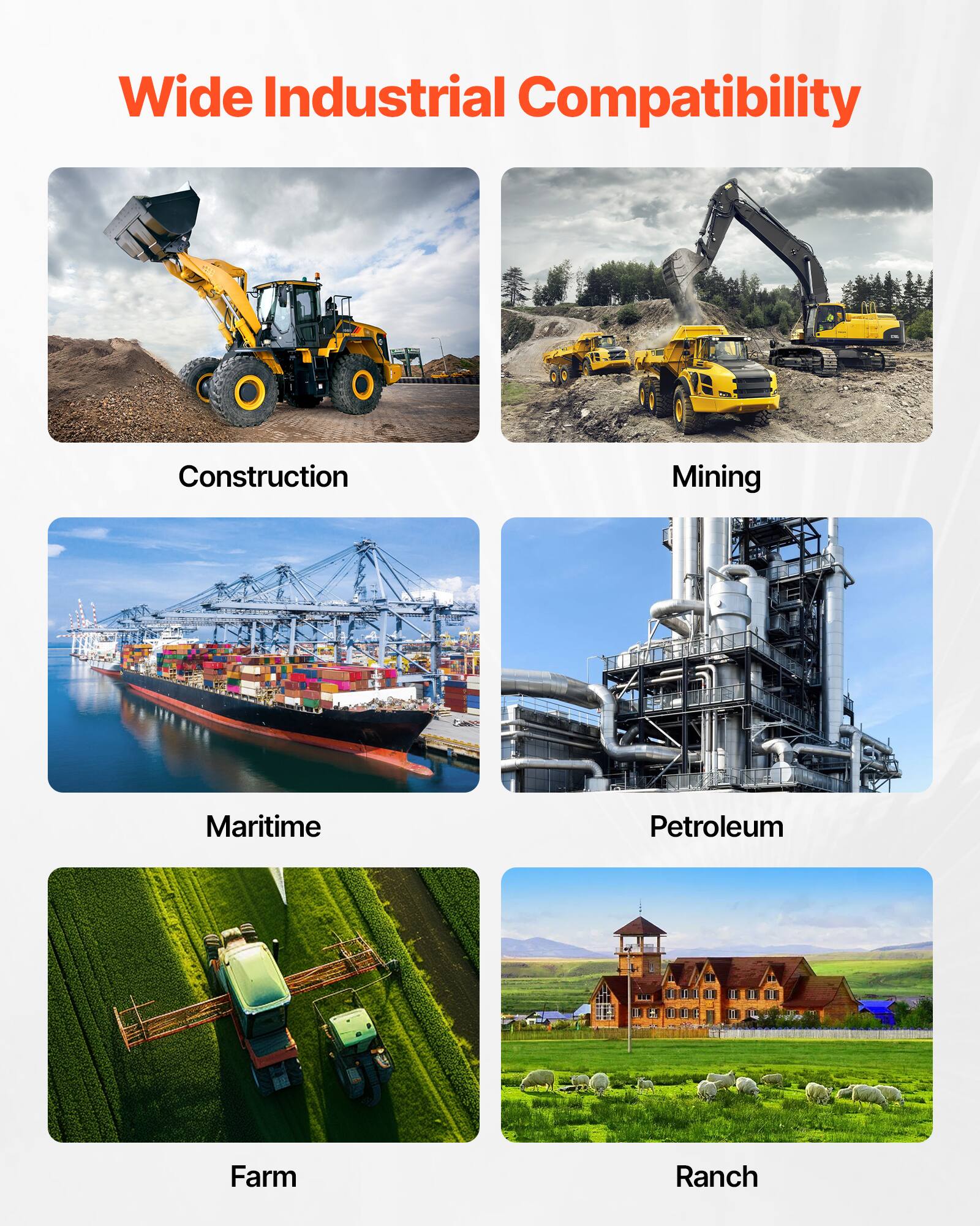 Wide Industrial Compatibility

- Construction
- Mining
- Maritime
- Petroleum
- Farm
- Ranch