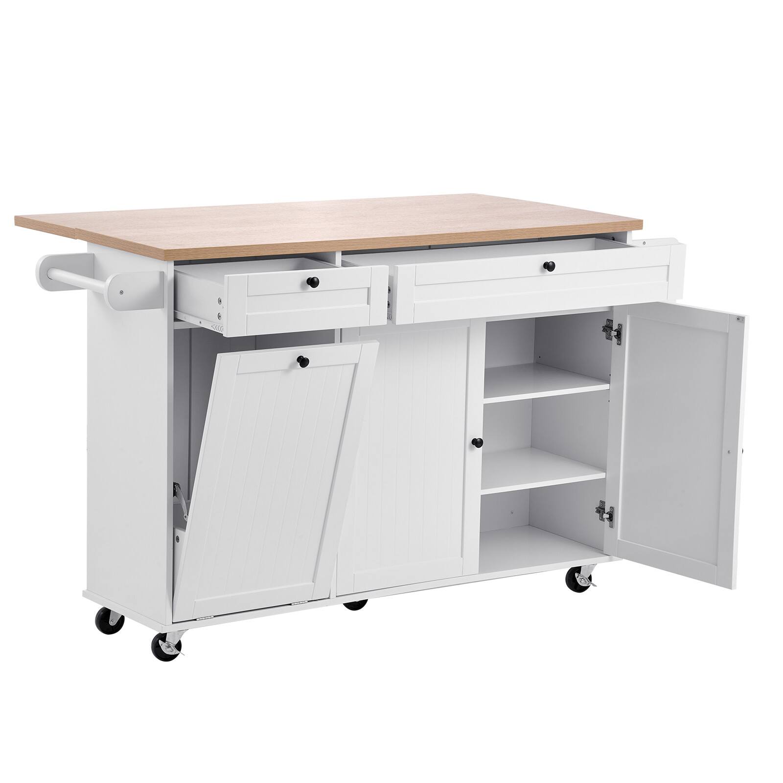 Left. Forest'nSky - 60" Kitchen Island Cart with Drop-Leaf Table, Drawer & Storage Cabinet - Rolling Utility Cart - White.