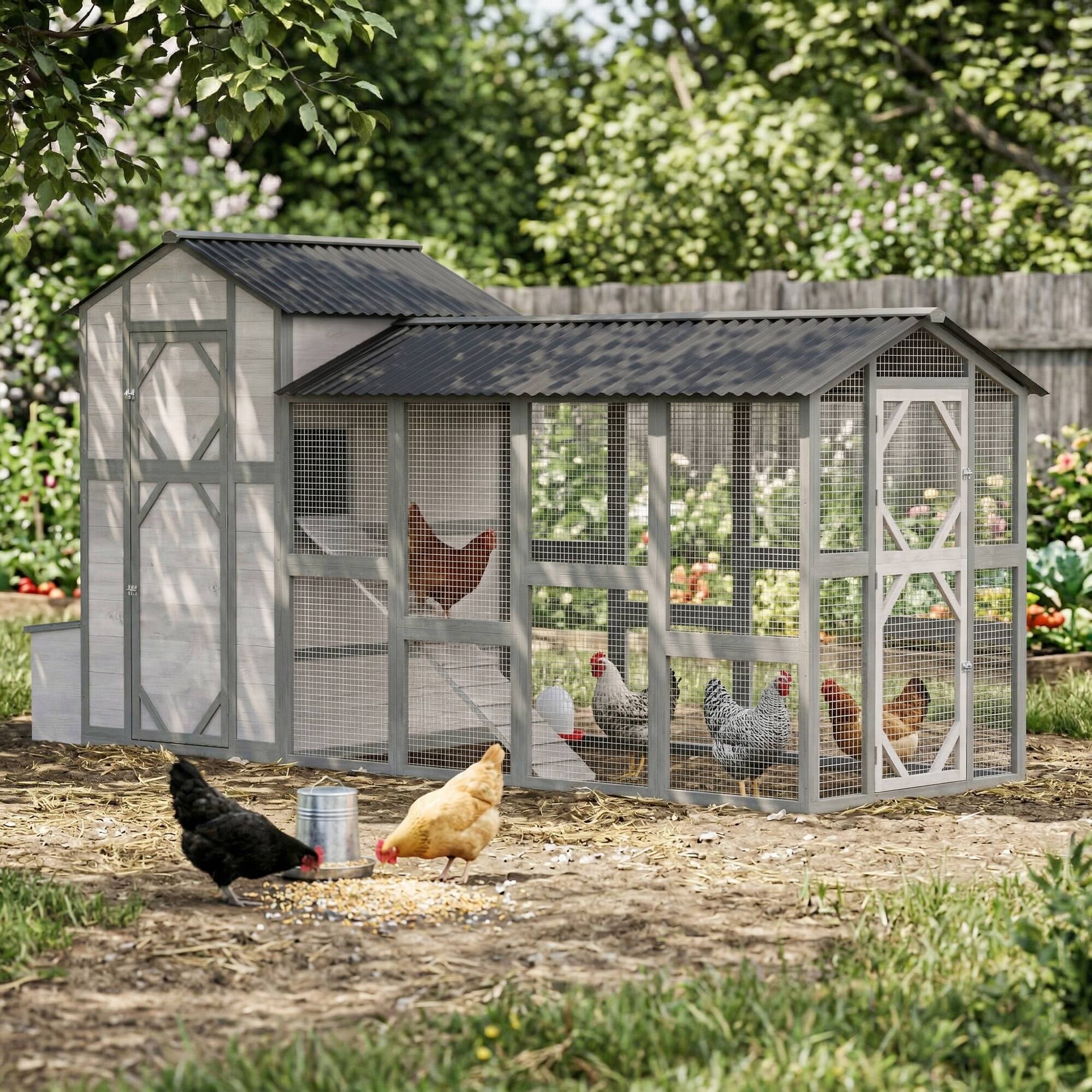 Alt View 1. Pawhut - Extra Large Chicken Coop, Wooden Hen House for 8-10 Hens - Gray.