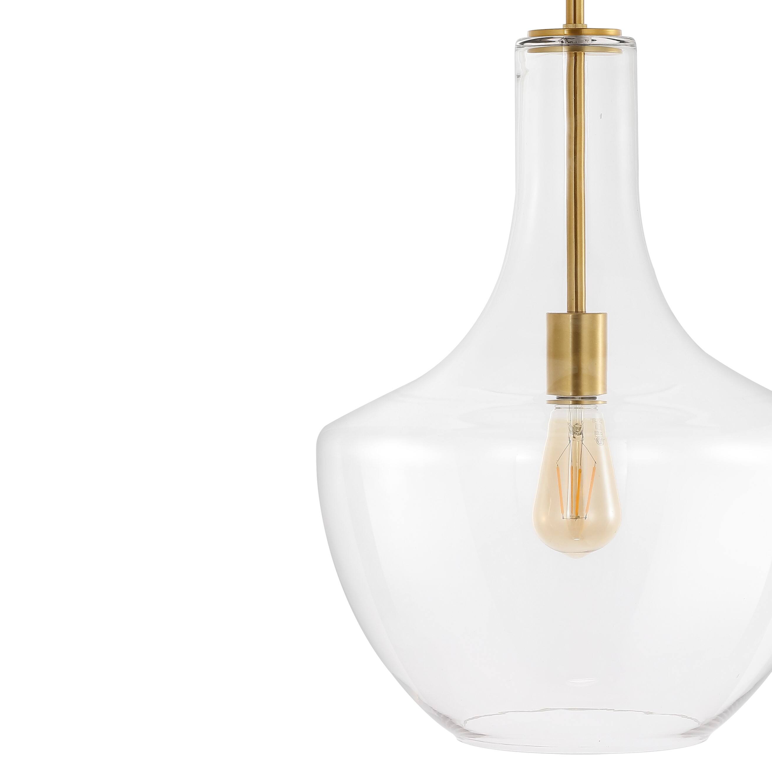 Alt View 4. Jonathan Y - Watts 13.25" 1-Light Mid-Century Modern Iron/Glass LED Pendant, Brass Gold/Clear - Brass Gold/Clear.