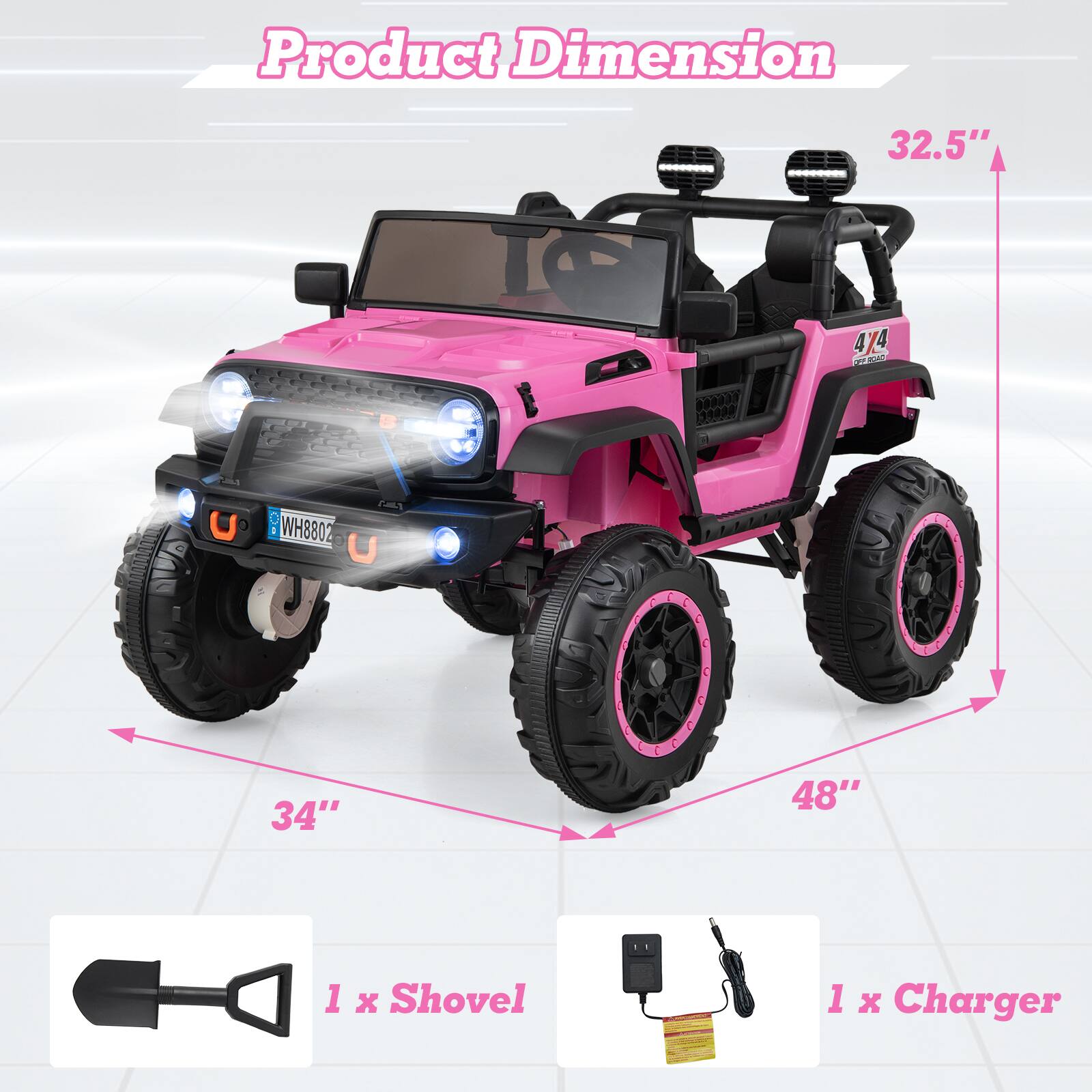 Product Dimension

32.5"  
48"  
34"  

1 x Shovel  
1 x Charger