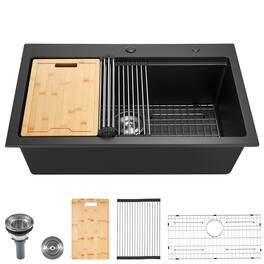 VEVOR - 33 inch Kitchen Sink Workstation,Top Mount Granite Sinks, Drop-In Single Bowl Farmhouse Basin with Multiple Accessories - Black