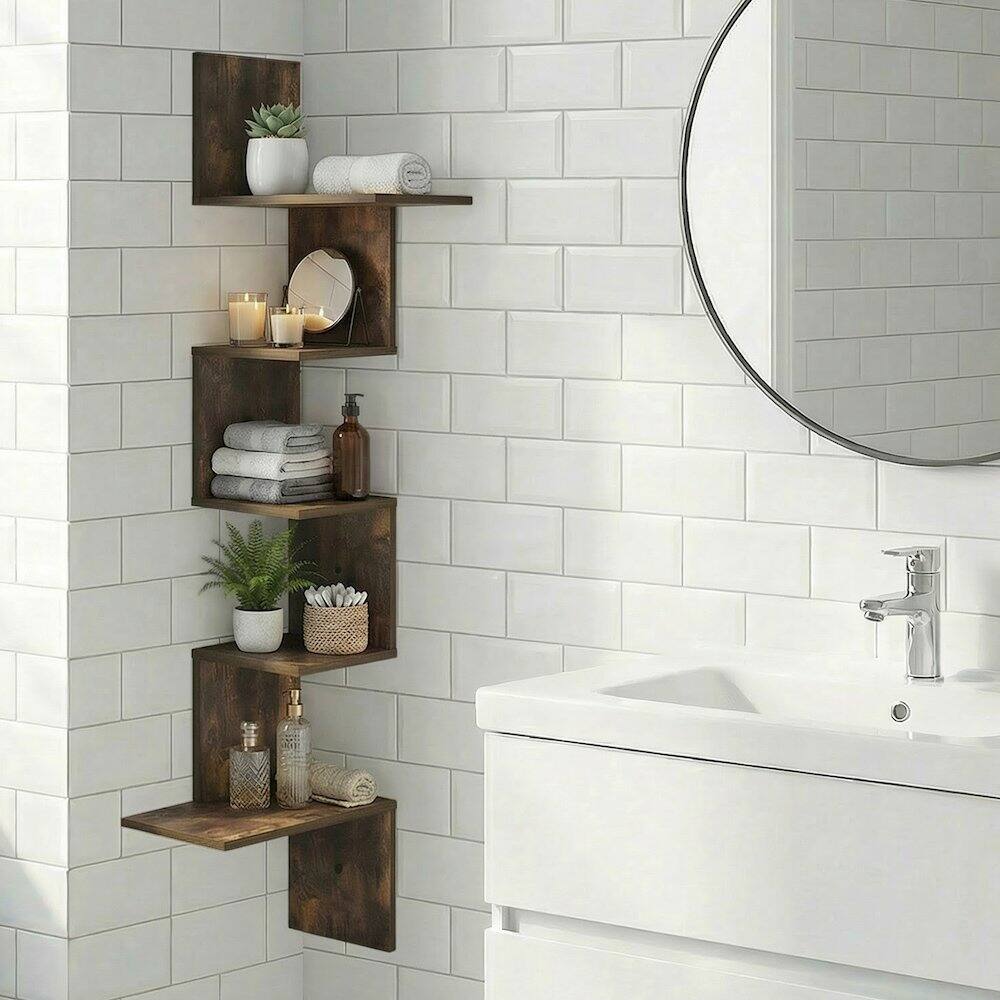 Angle. Furinno - ROSSI Corner Floating Shelves for Wall, Corner Rectangular Wall Shelf, S-shape Radial Floating Book Shelf, Easy Assembly - Amber Pine.