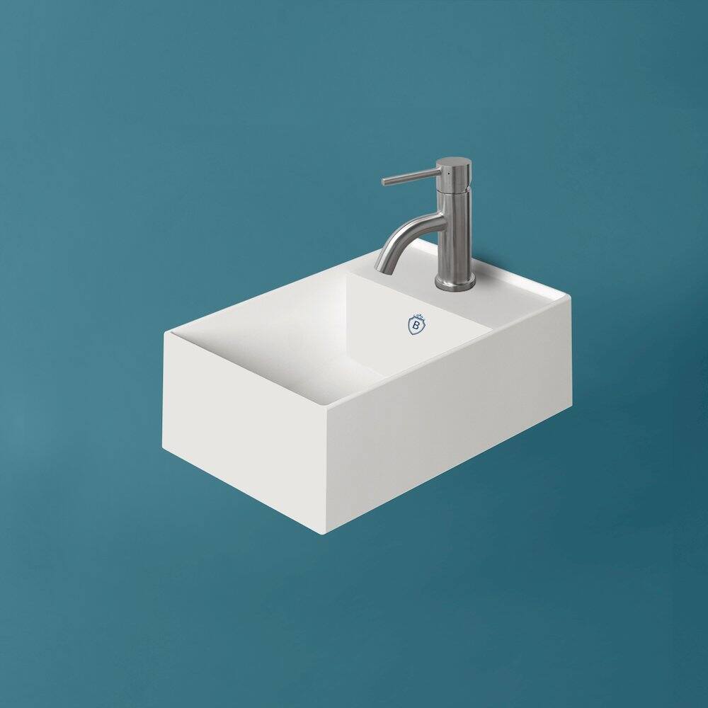 Angle. Whitehaus - Britannia Rectangular Wall Mount Basin with Right Single Hole Drill - White.