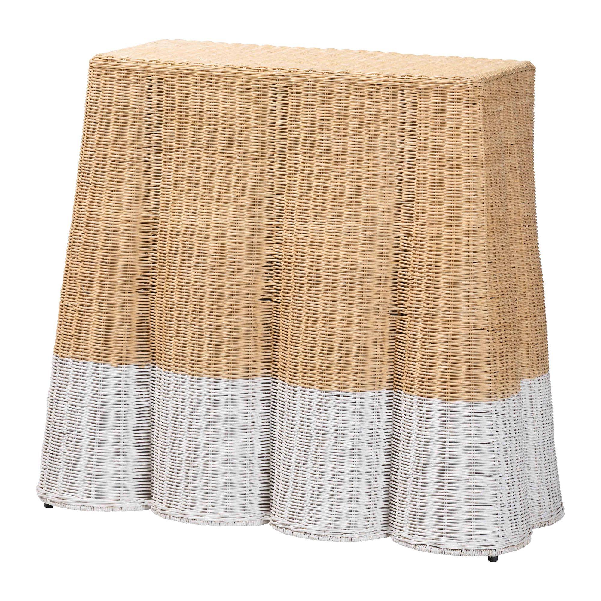 Front. bali & pari - bali & pari Palm Scallop Natural Rattan Console Table - Handwoven Wicker Accent Table, Rectangle 36", White/Natural - Natural Brown/White.