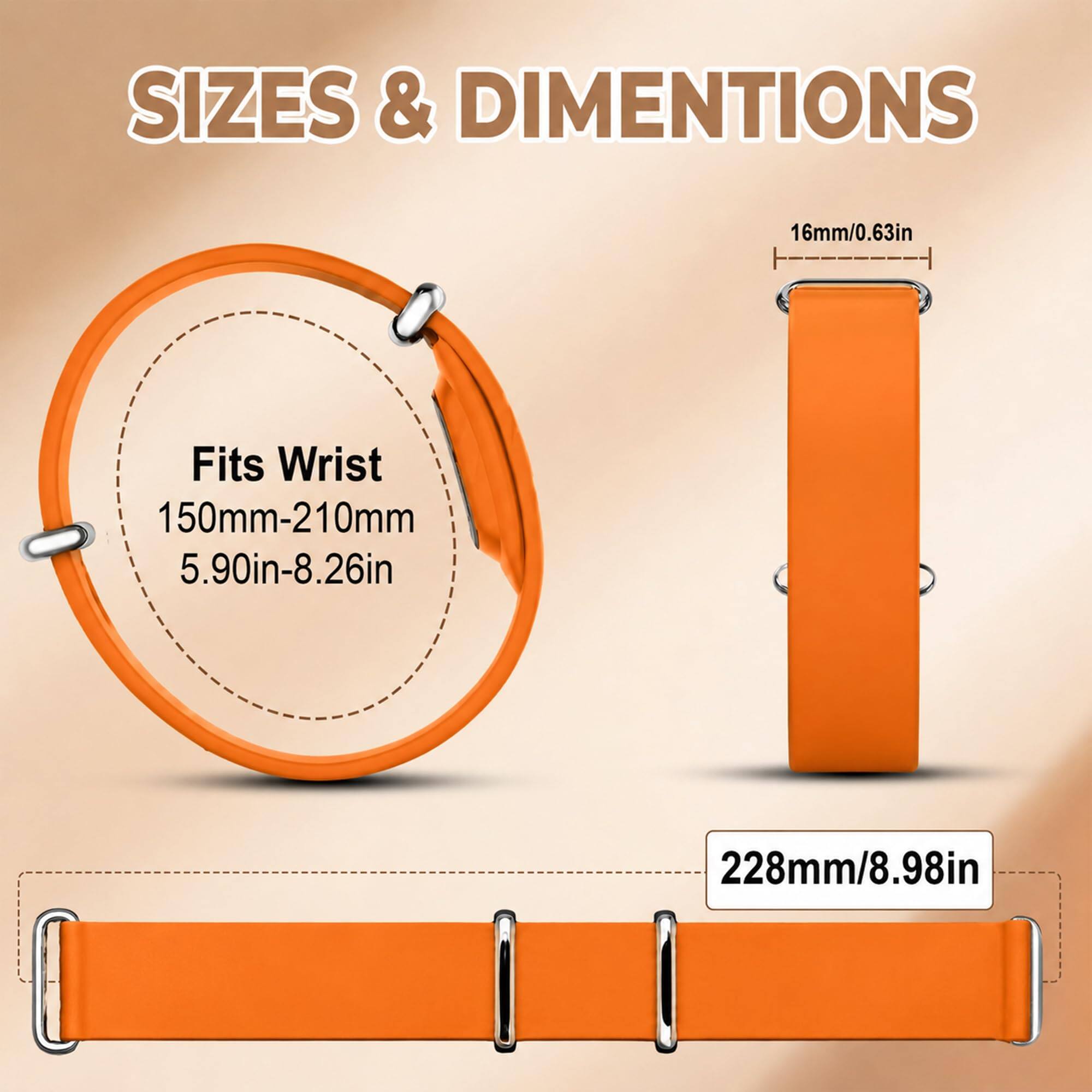 SIZES & DIMENSIONS  
16mm/0.63in  
Fits Wrist 150mm-210mm 5.90in-8.26in  
228mm/8.98in
