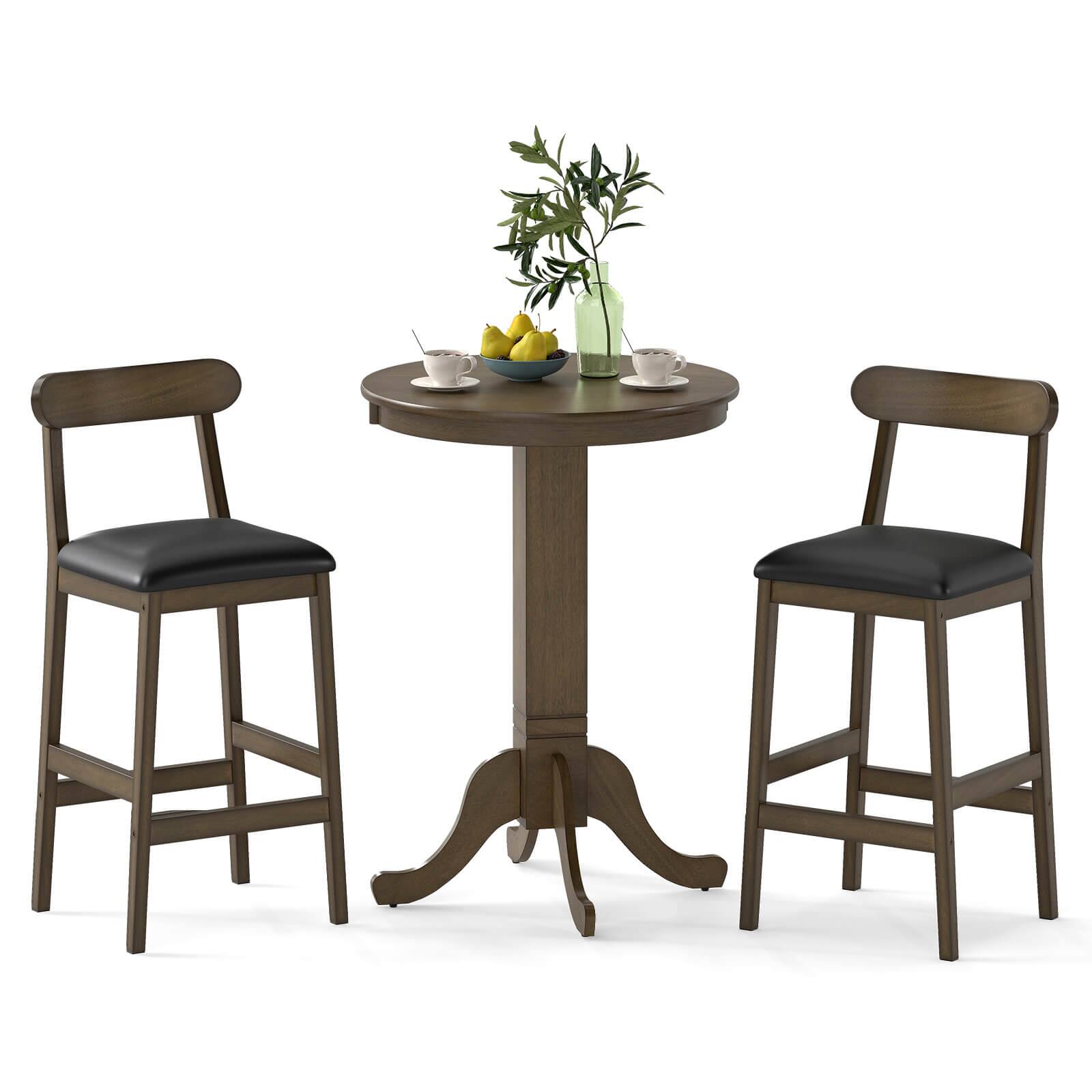 Costway - 3 PCS Wood Bar Table Set with Pedestal Base, 2 Armless Stools, Padded Seat, Backrest - Oak Gray,Black