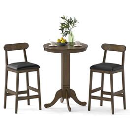 Costway - 3 PCS Wood Bar Table Set with Pedestal Base, 2 Armless Stools, Padded Seat, Backrest - Oak Gray,Black
