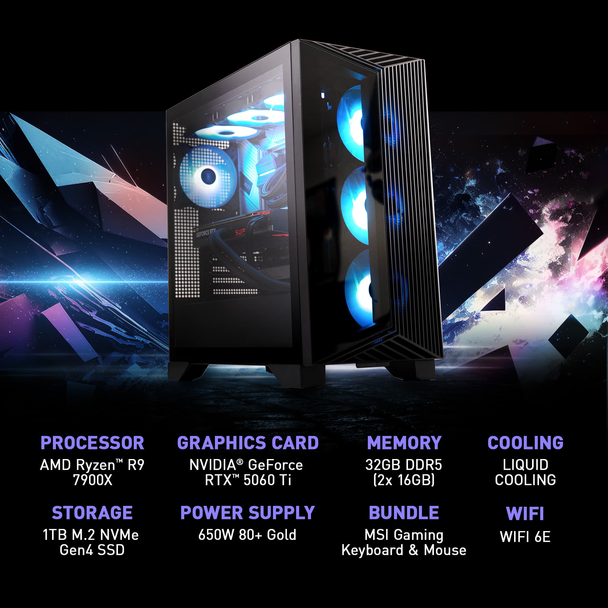 The image features a computer tower with a graphics card and a processor. The tower is equipped with a 32GB DDR5 memory, a liquid cooling system, and a 1TB M.2 NVMe Gen4 SSD. The power supply is a 650W 80+ Gold unit. The computer tower also comes with a bundle that includes a MSI Gaming Keyboard and Mouse. Additionally, the tower is equipped with WiFi 6E for wireless connectivity.