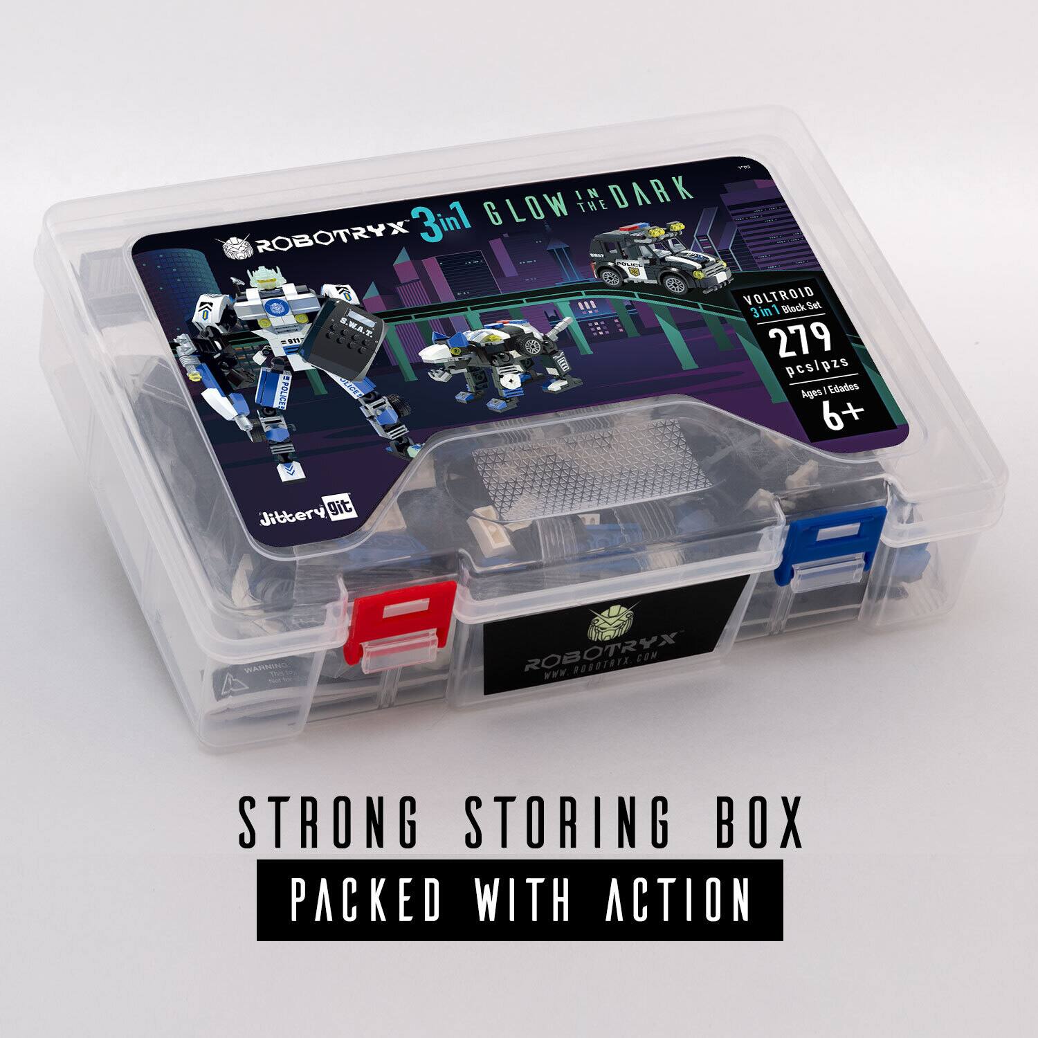 GLOW IN THE DARK ROBOTRYX 3in1 5 11 VOLTROID Set  
3m1 1 Beck B.W.A.Y.  
279 pcs/pzs  
EE DENIP laps Eidtates 6+  
Jittery git WARMING  
ROBOTRYX BUTRTS COM  
STRONG STORING BOX PACKED WITH ACTION