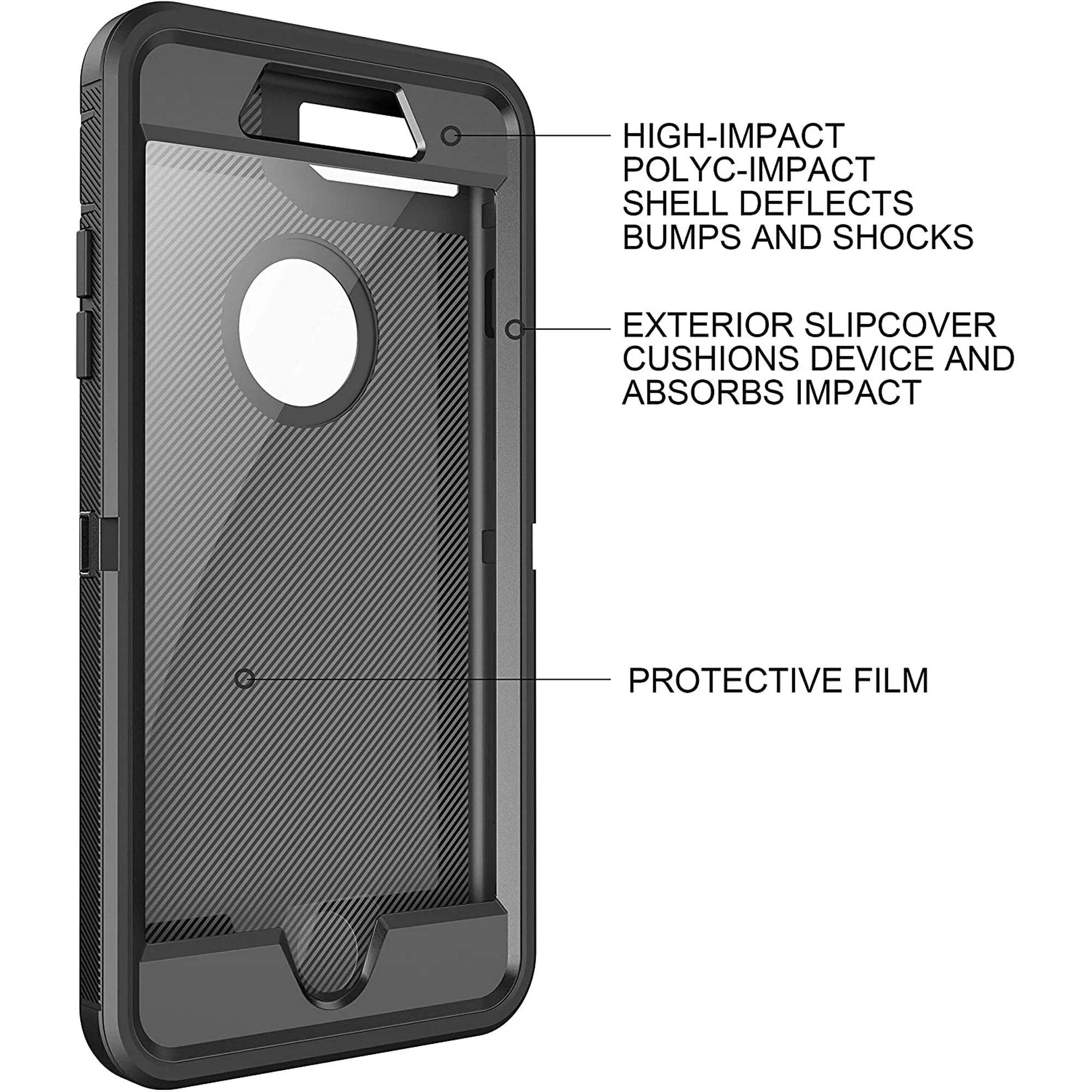 HIGH-IMPACT POLYC-IMPACT SHELL DEFLECTS BUMPS AND SHOCKS
EXTERIOR SLIPCOVER CUSHIONS DEVICE AND ABSORBS IMPACT
PROTECTIVE FILM
