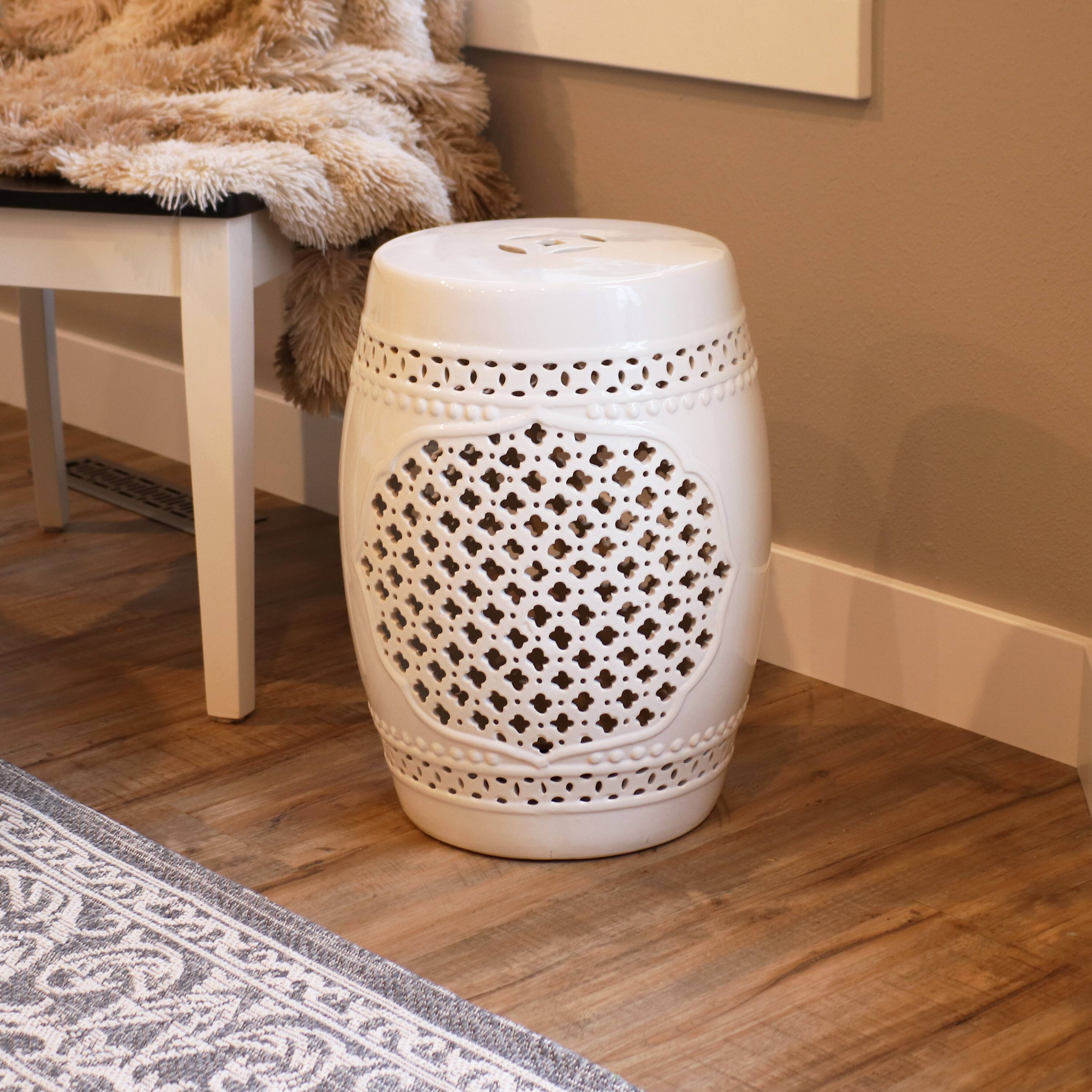 Alt View 3. Sunnydaze - 17.75 in Marrakesh Lattice Ceramic Glaze Garden Stool - White.